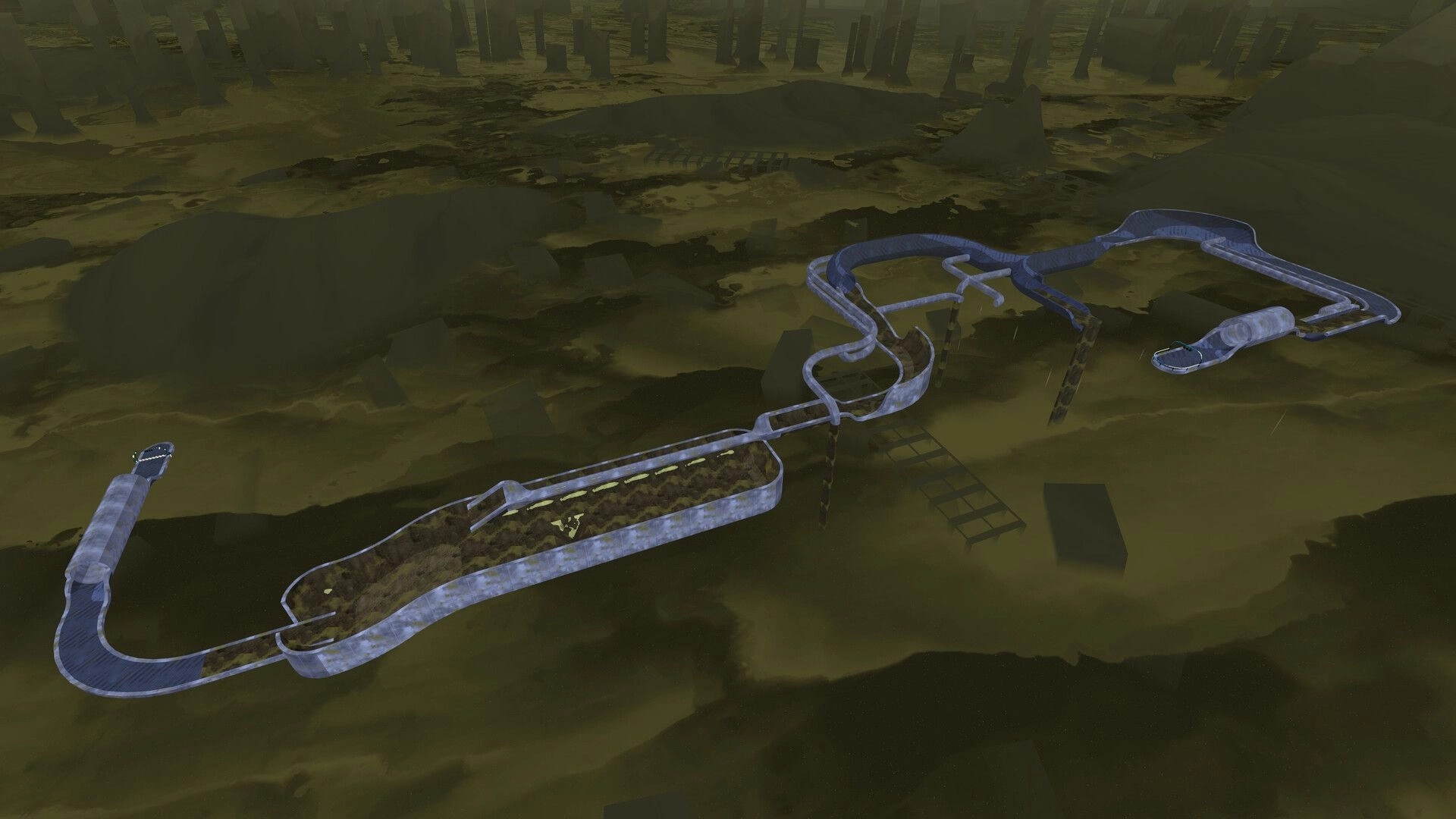 Slip & Skid: Aerial view of a winding race track set in a foggy, desolate landscape with obstacles.