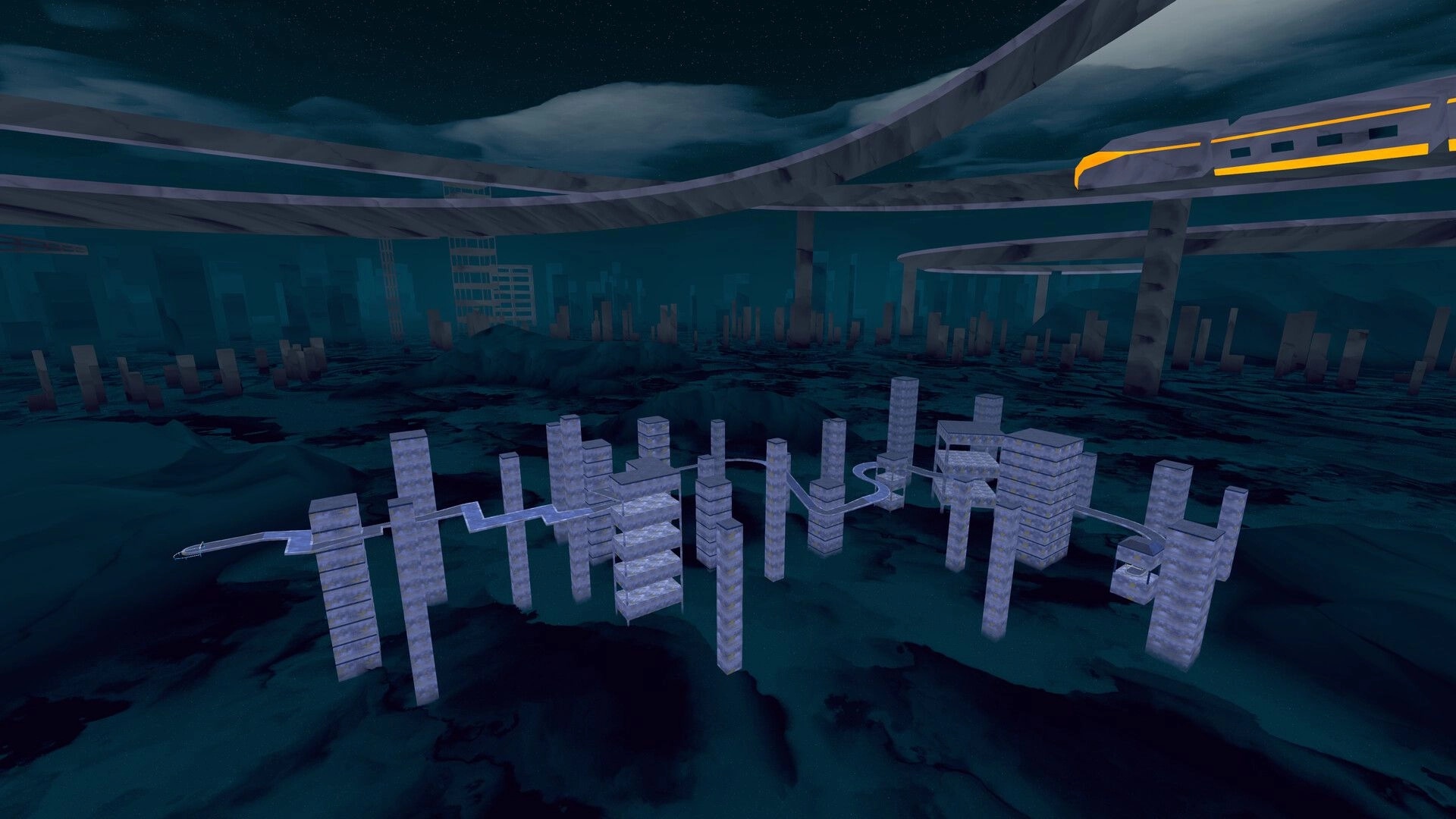 Slip & Skid: Elevated track with futuristic city skyline and monorail in dark, atmospheric night setting.