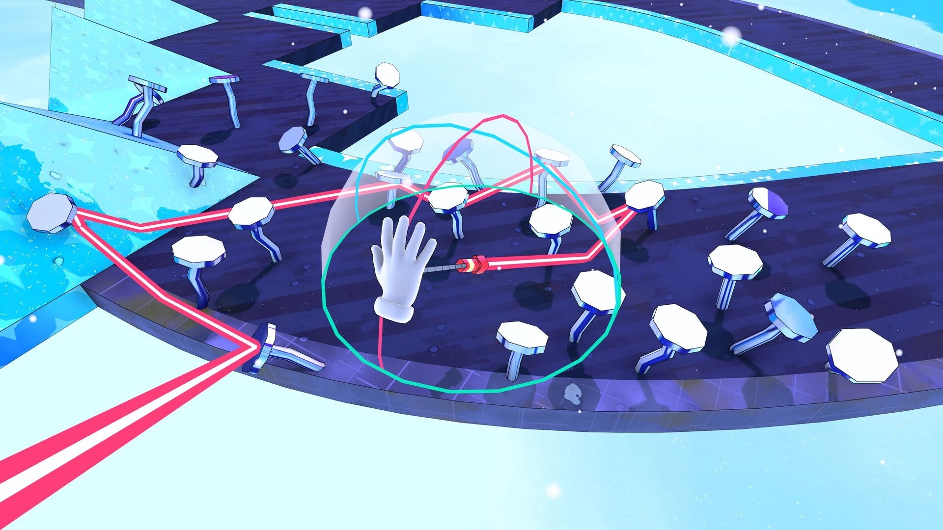 Slip & Skid: Player hand places obstacles on icy track with hexagonal platforms and colorful lines