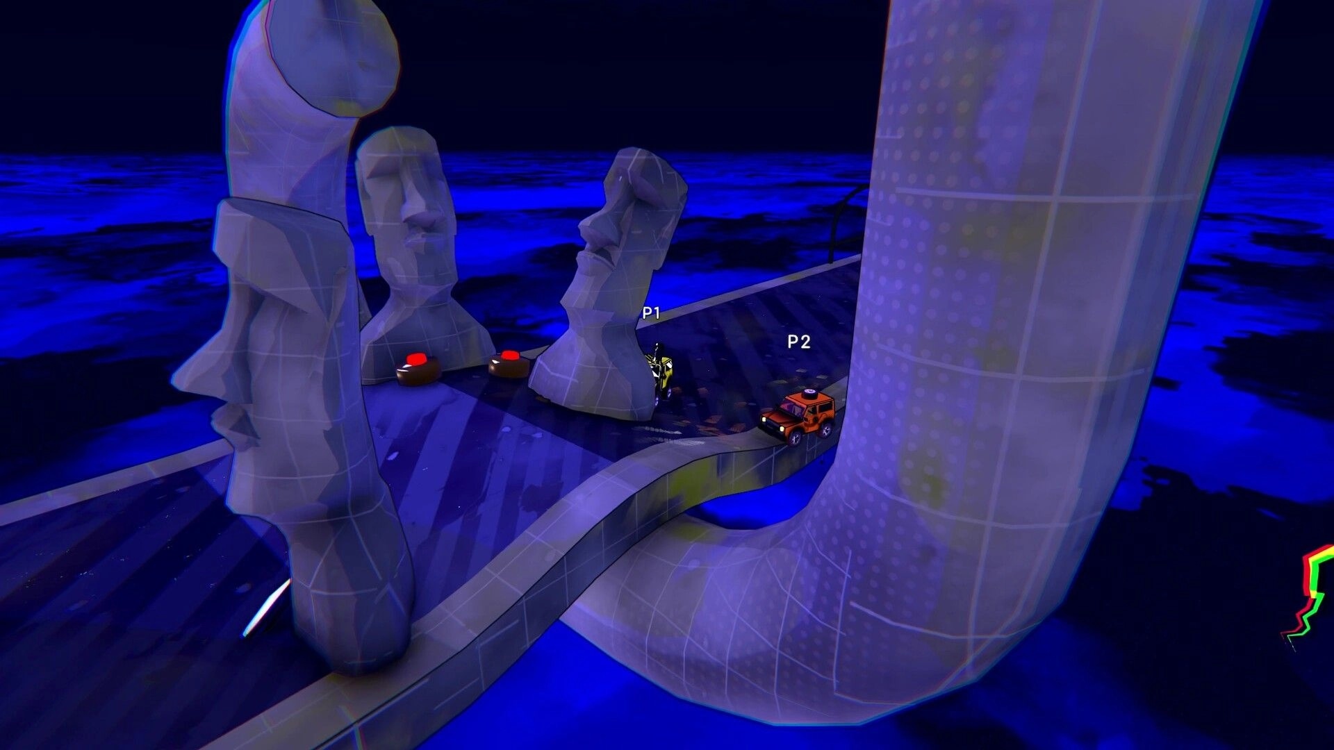 Slip & Skid: Players P1 and P2 race through winding track with large stone statues at night.