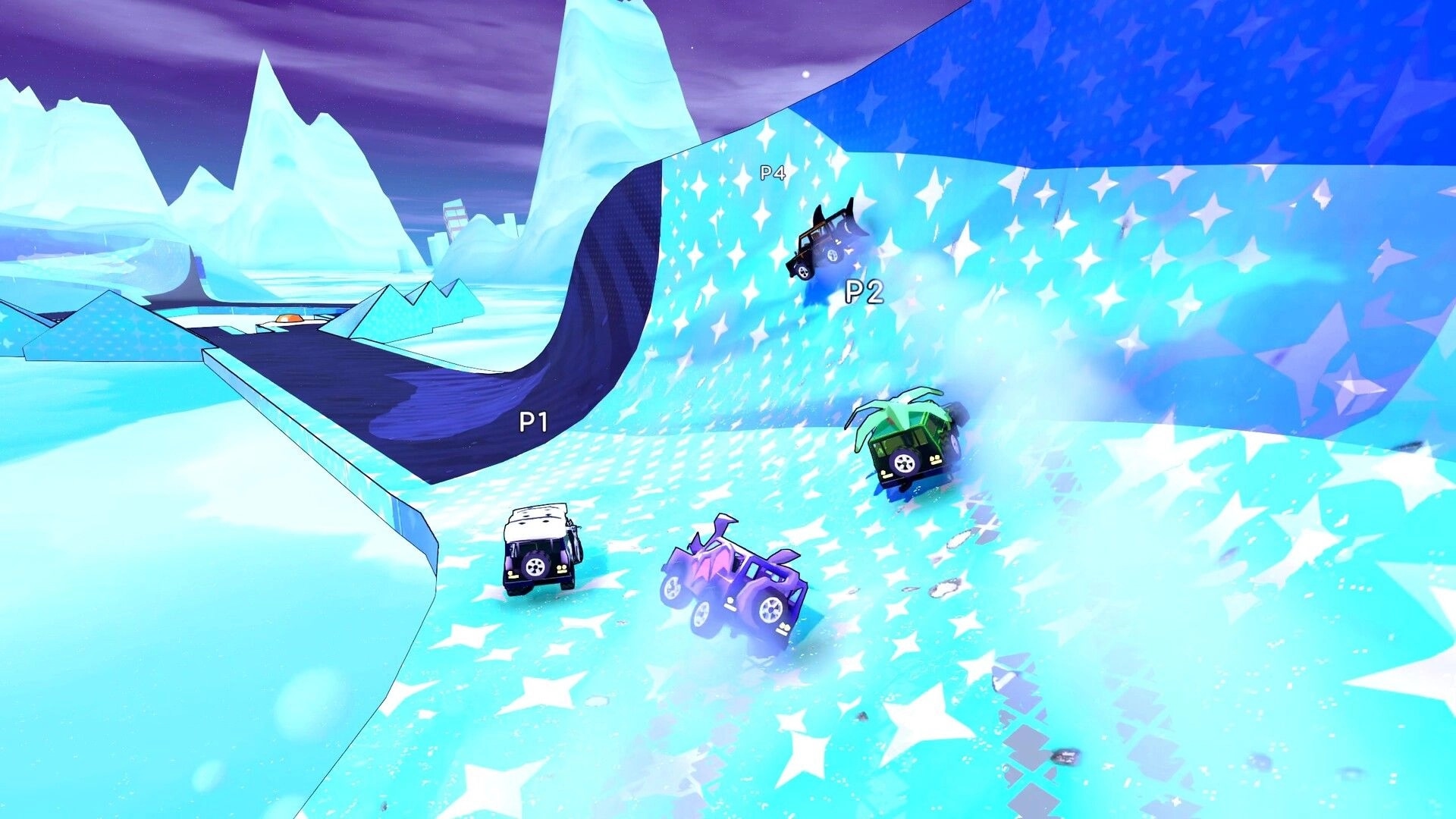 Slip & Skid: Four players racing on icy, star-patterned track with cars drifting around a sharp curve