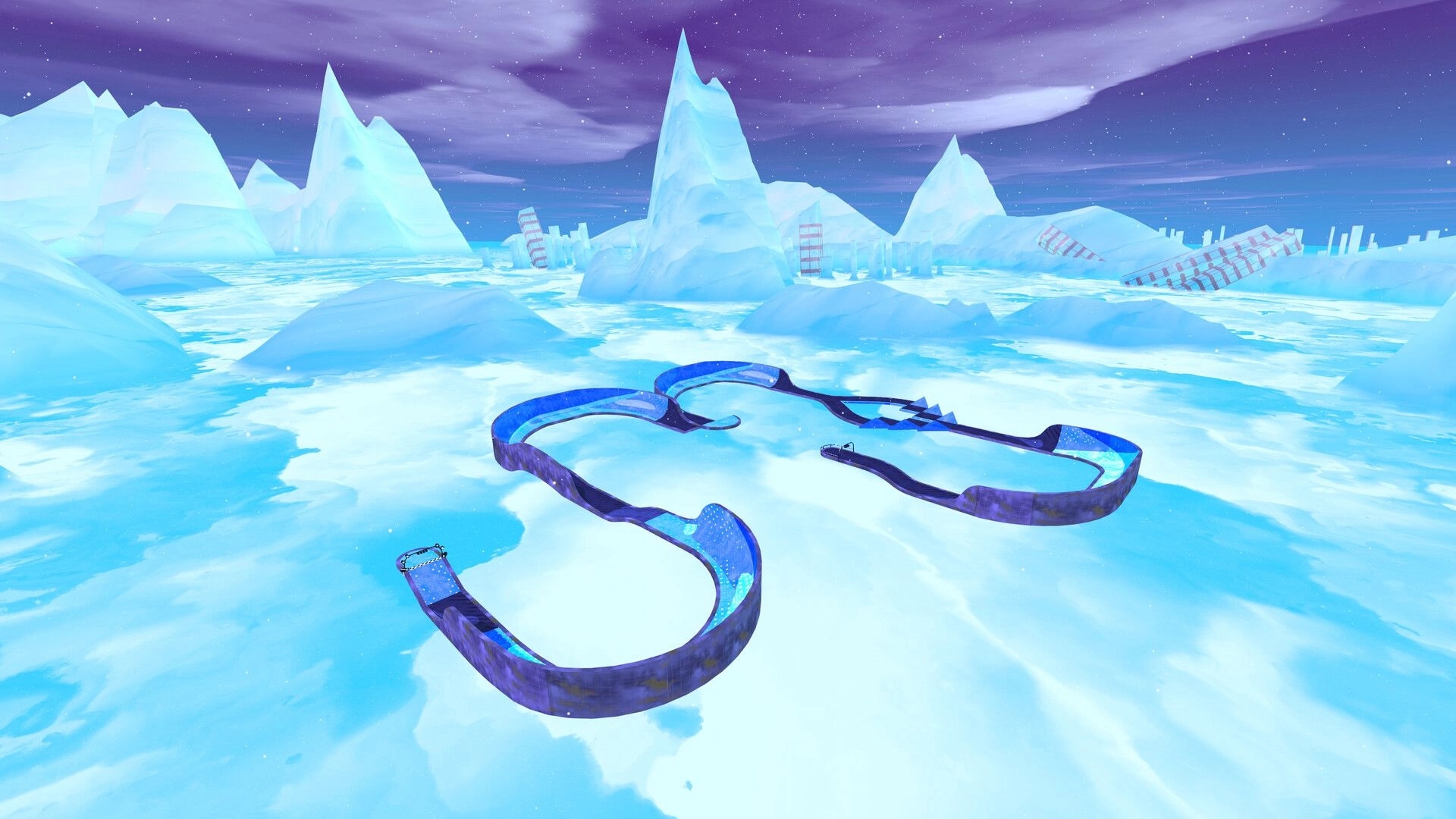 Slip & Skid: Curvy ice track with sharp turns set in a snowy, mountainous landscape under a starry sky.