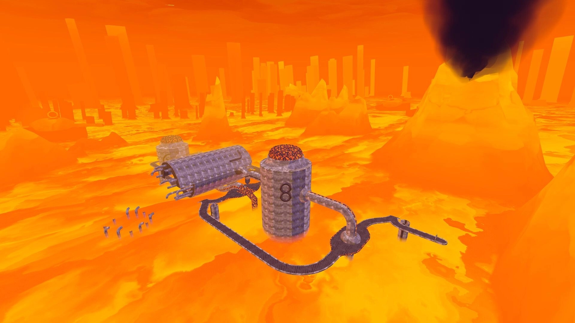 Slip & Skid: Racing track with industrial structures in a fiery lava-filled landscape