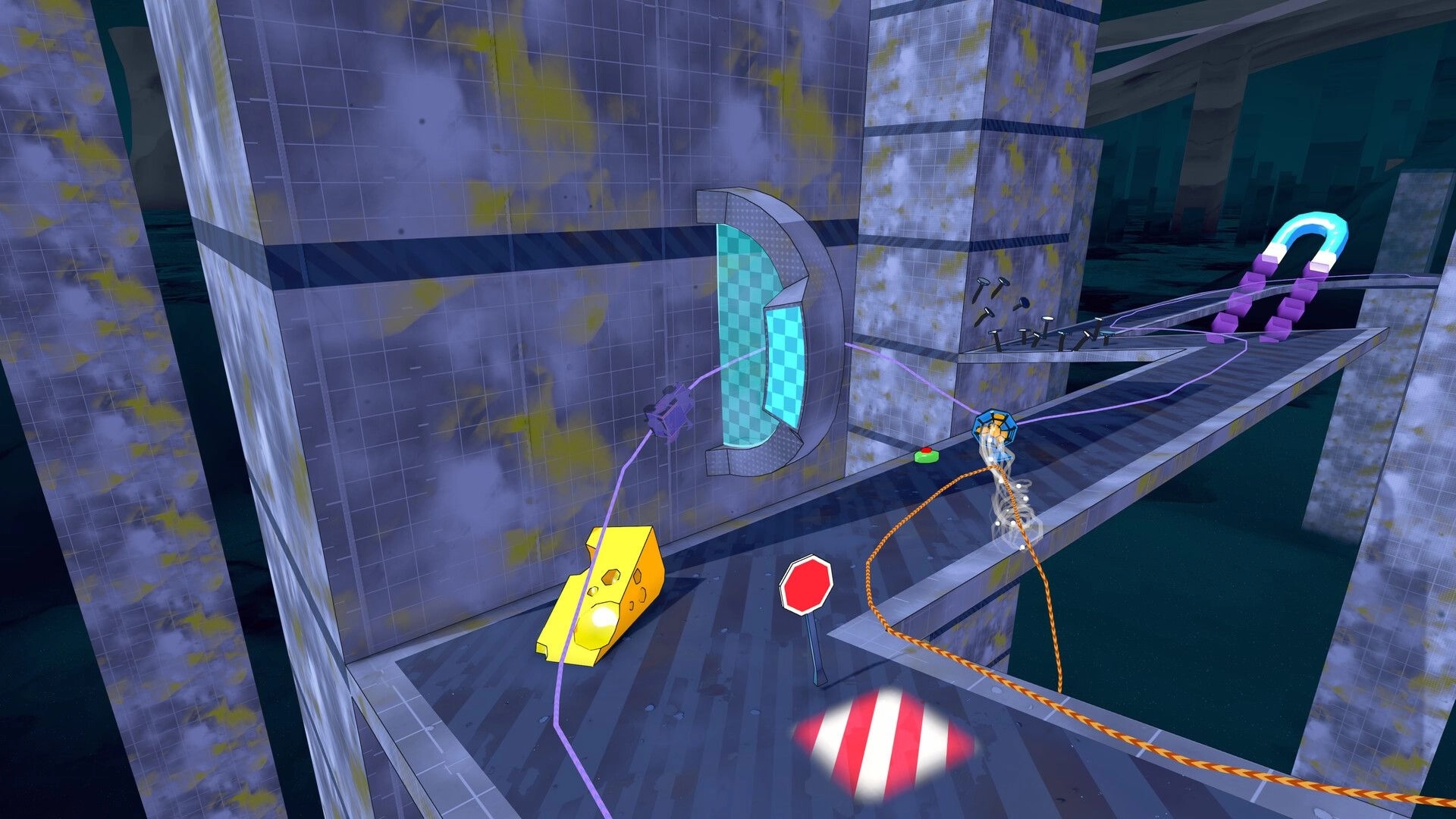 Slip & Skid: Racing track with obstacles like cheese blocks and stop signs in a futuristic cityscape