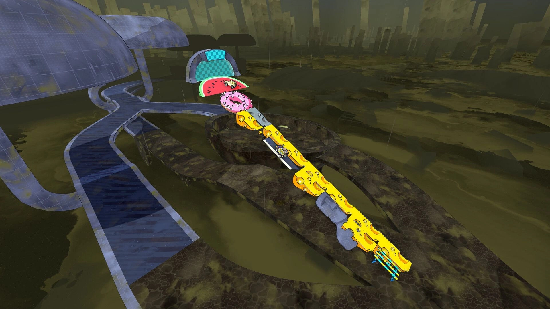 Slip & Skid: Cars race on a wacky track with cheese, donut, and watermelon obstacles in a dystopian city.