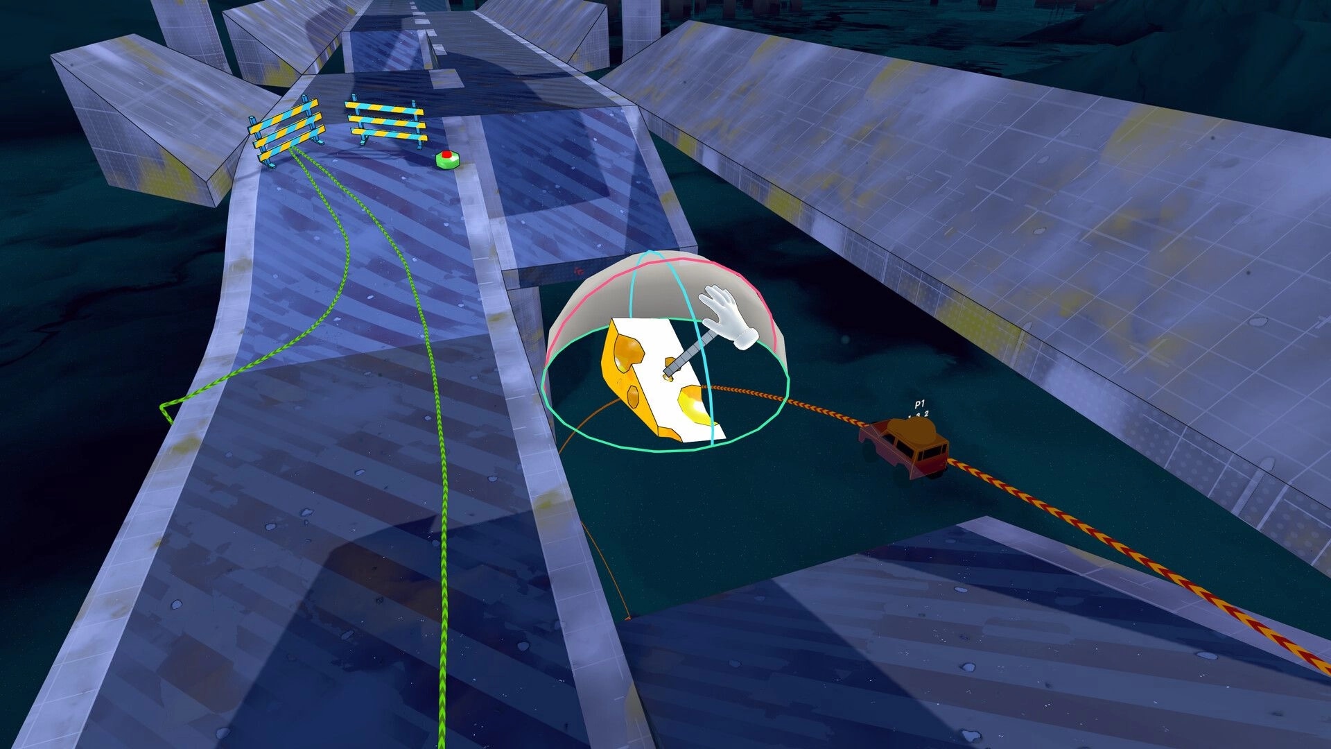 Slip & Skid: Player placing cheese obstacle on futuristic track with barriers and a single racing car.