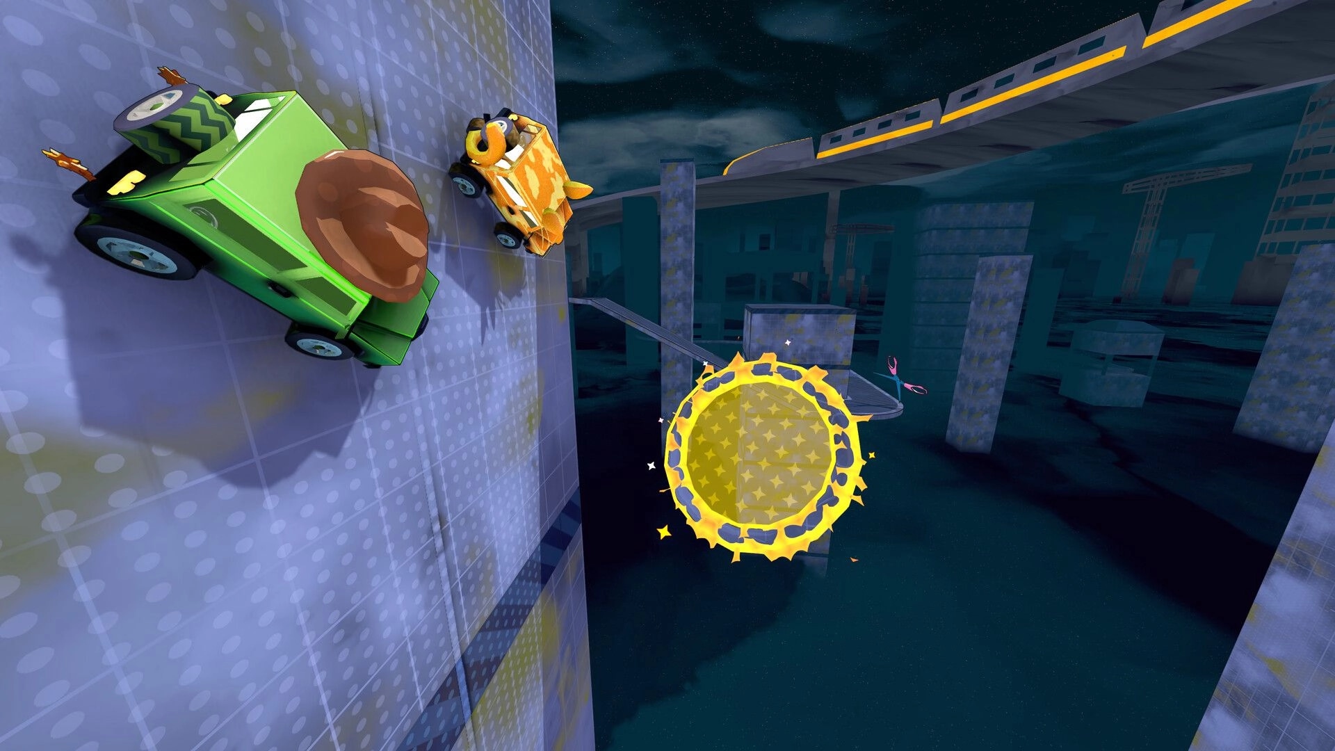 Slip & Skid: Two cars driving on vertical wall with a glowing portal in a futuristic cityscape