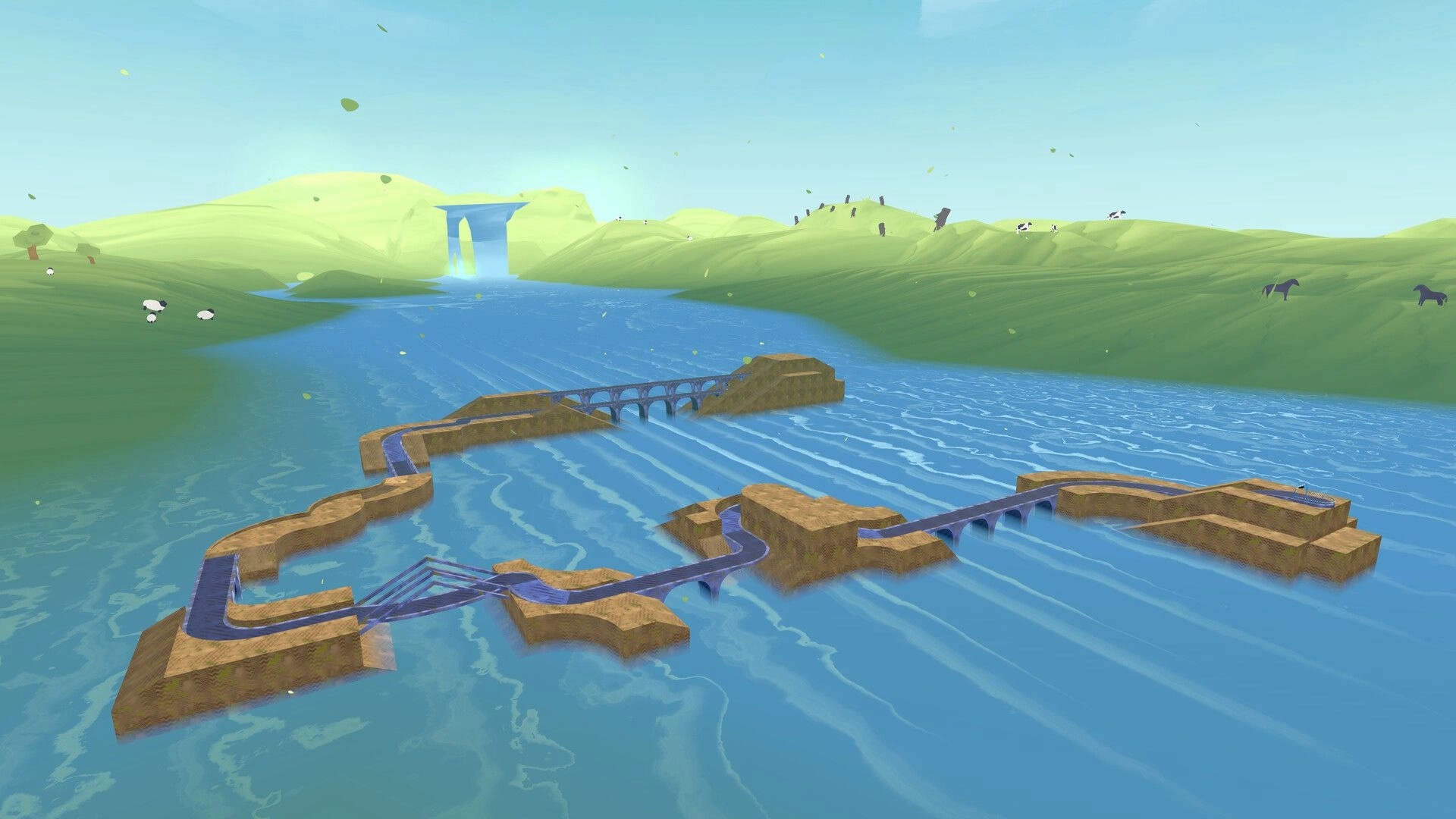 Slip & Skid: Aerial view of winding race track over water with bridges and grassy hills in the distance.