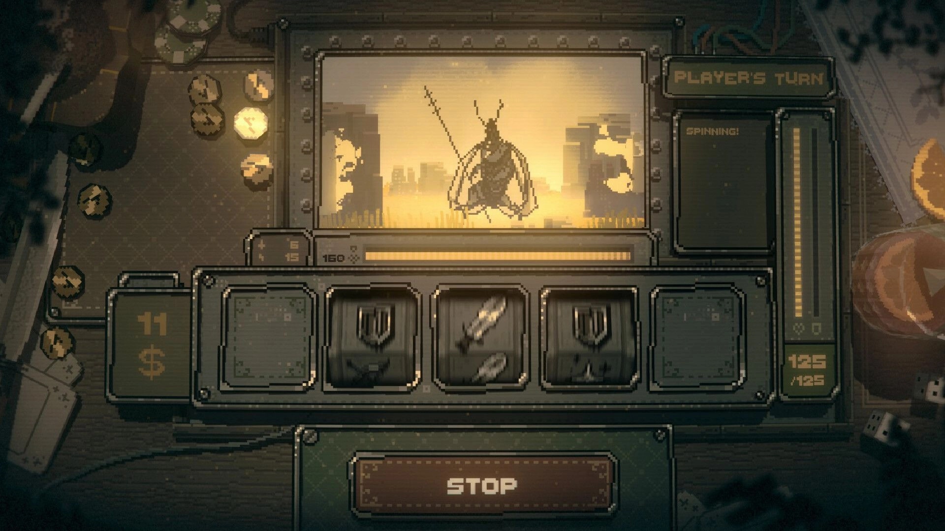 Slots & Daggers: Player's turn with spinning reel, insect enemy in dystopian landscape on screen