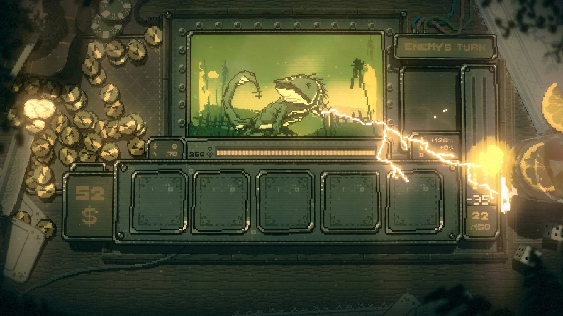 Slots & Daggers: Enemy lizard in battle screen with coins scattered around and energy sparks flying.