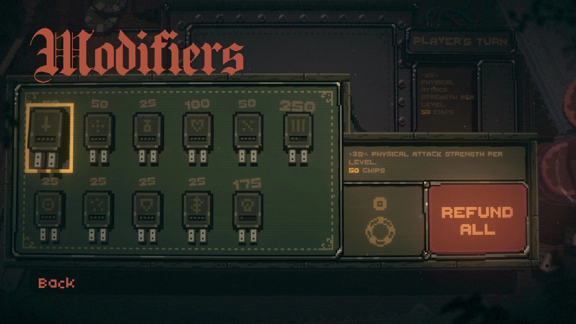 Slots & Daggers: Modifier selection interface displaying various upgrade options with refund button.