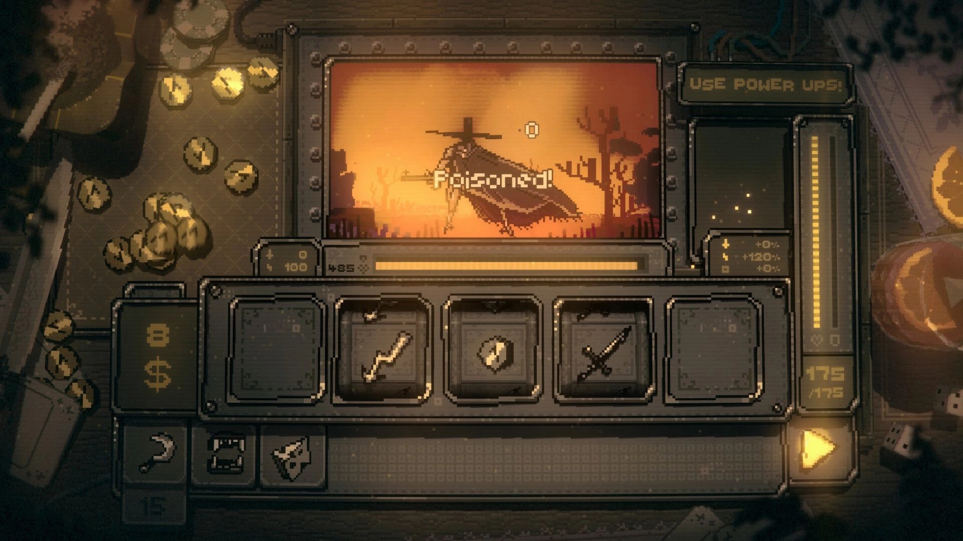 Slots & Daggers: Character poisoned in desert scene, inventory slots and power-up options on display.