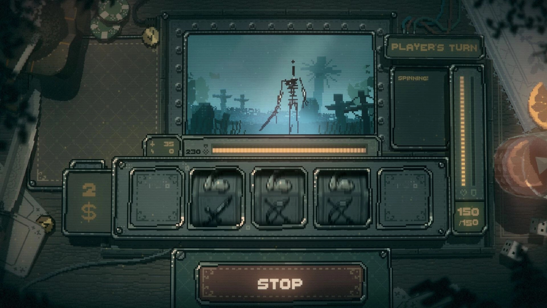 Slots & Daggers: Skeleton in graveyard on slot screen, player's turn with reels spinning and stop button