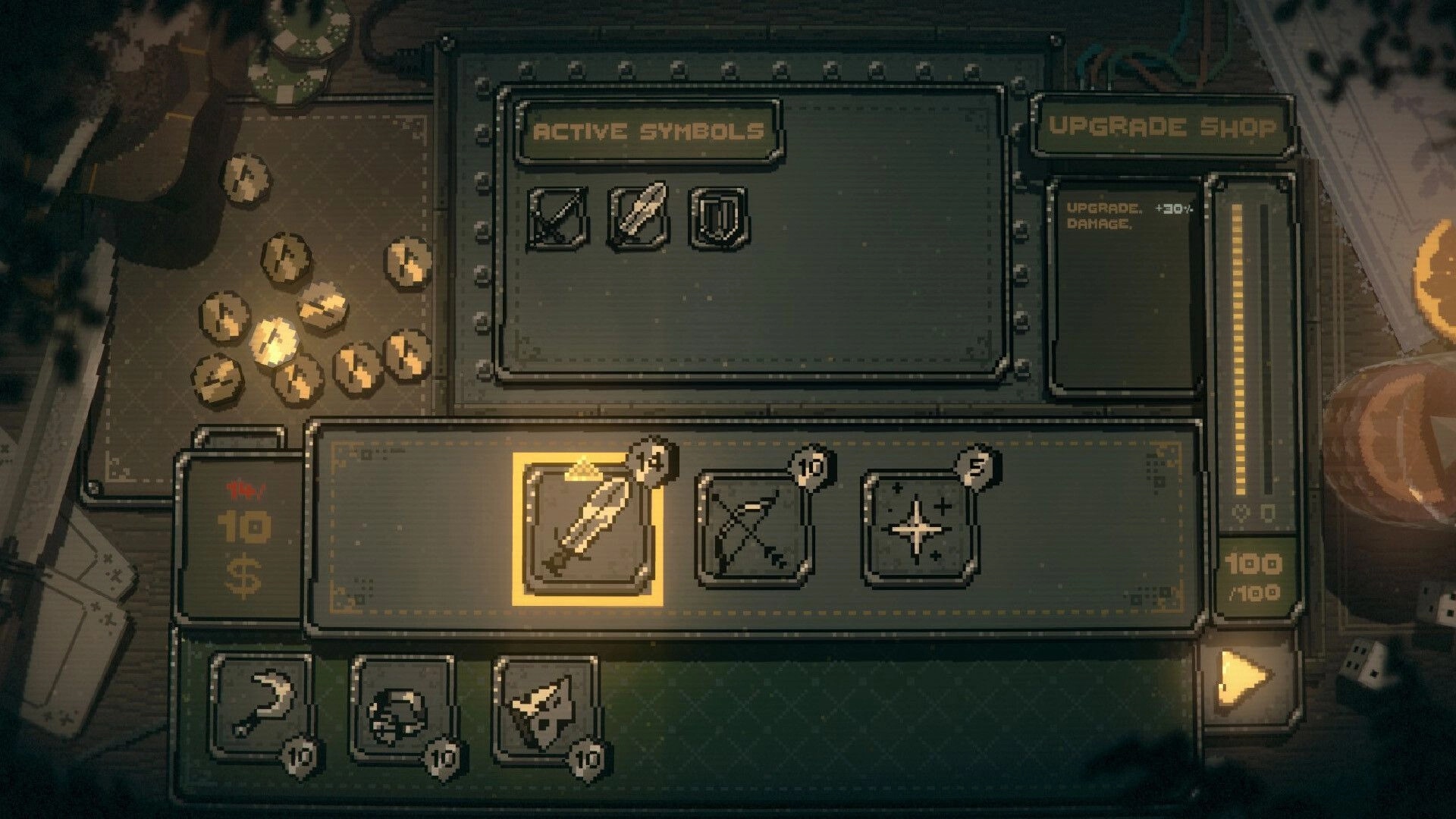Slots & Daggers: Inventory menu with active symbols and upgrade shop in a retro-fantasy style.