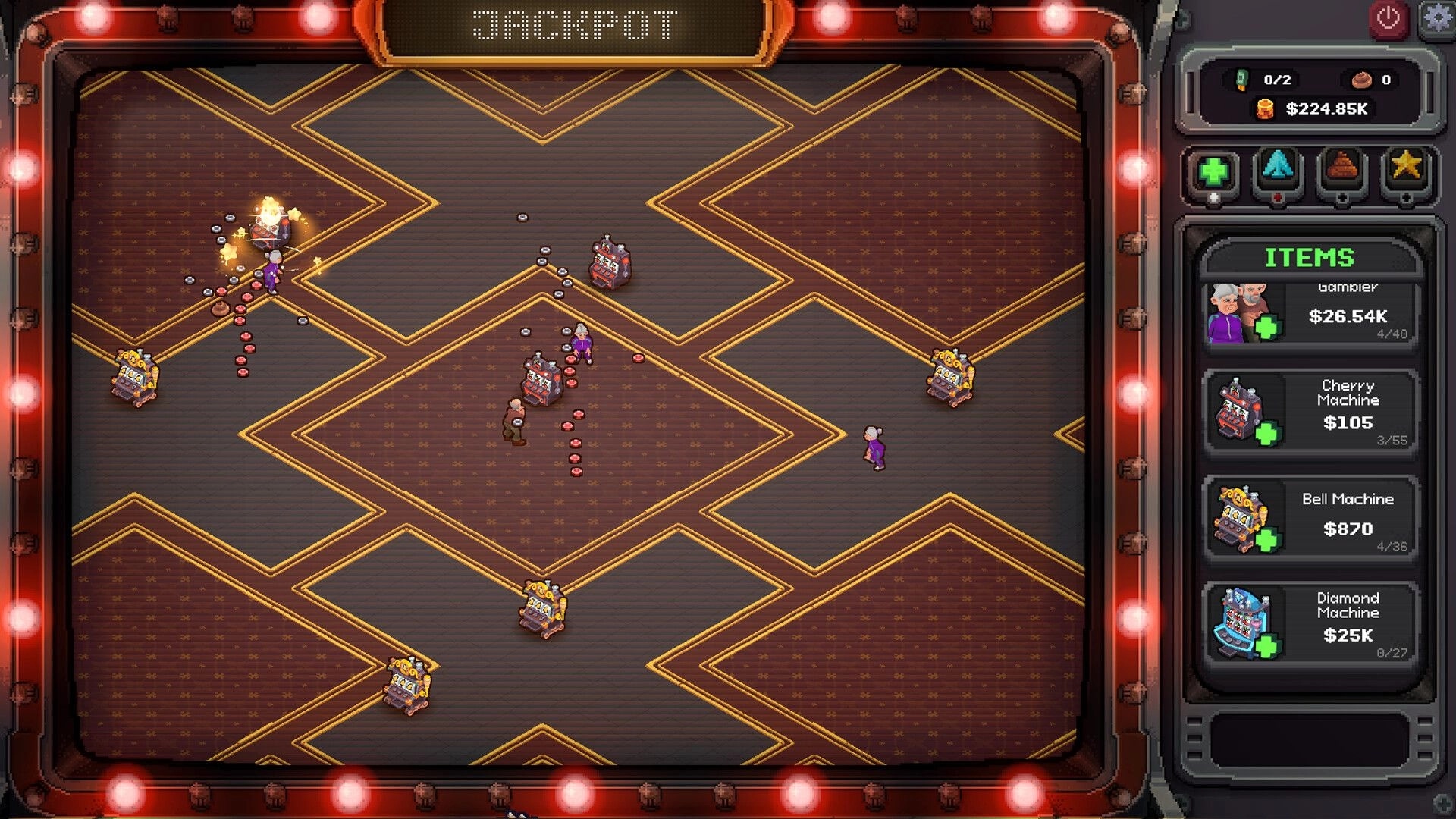 Slots & Diapers: Jackpot floor with slot machines and seniors; items shop list and cash counter UI on right.
