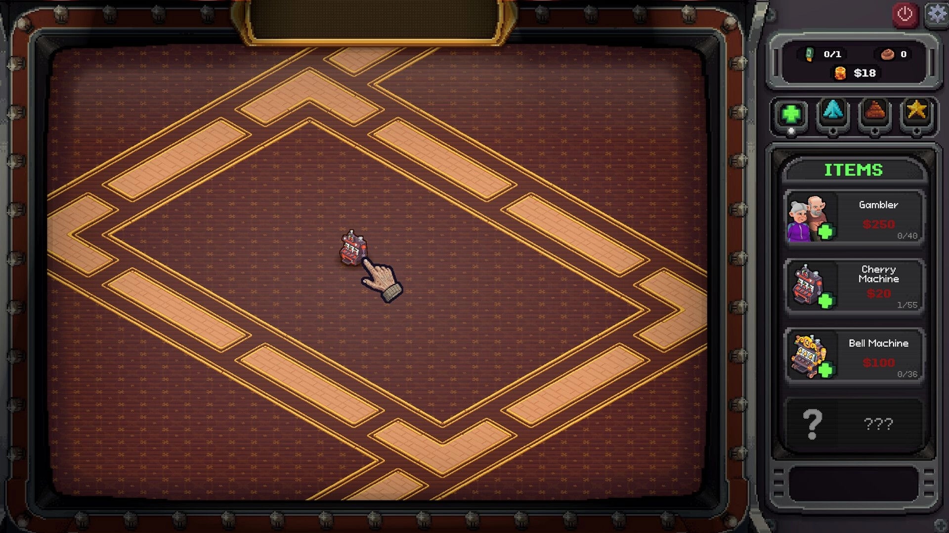 Slots & Diapers: Hand cursor placing a slot machine on empty floor grid Items shop panel on right.
