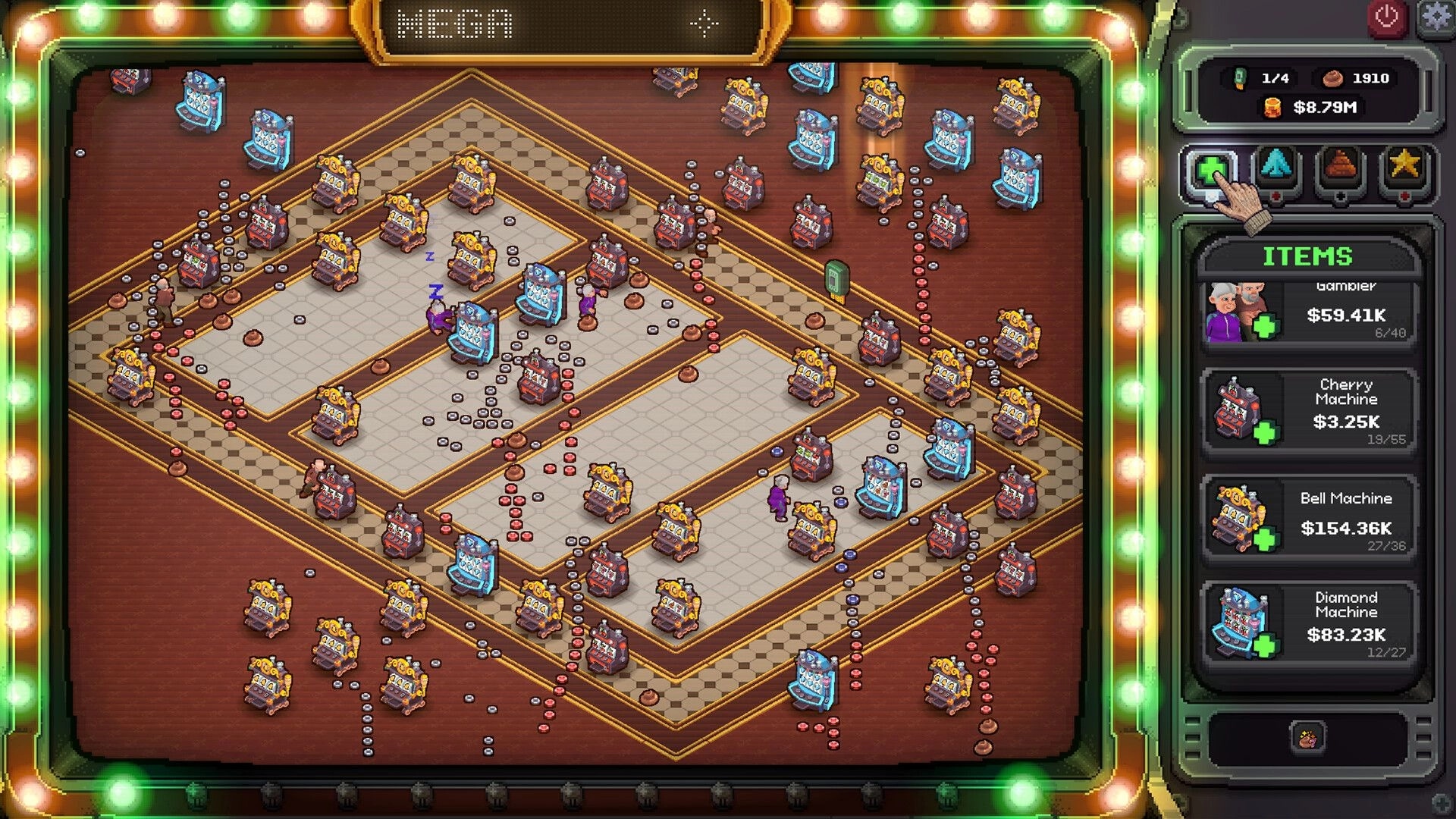 Slots & Diapers: Mega casino floor packed with slot machines and item shop sidebar on the right.