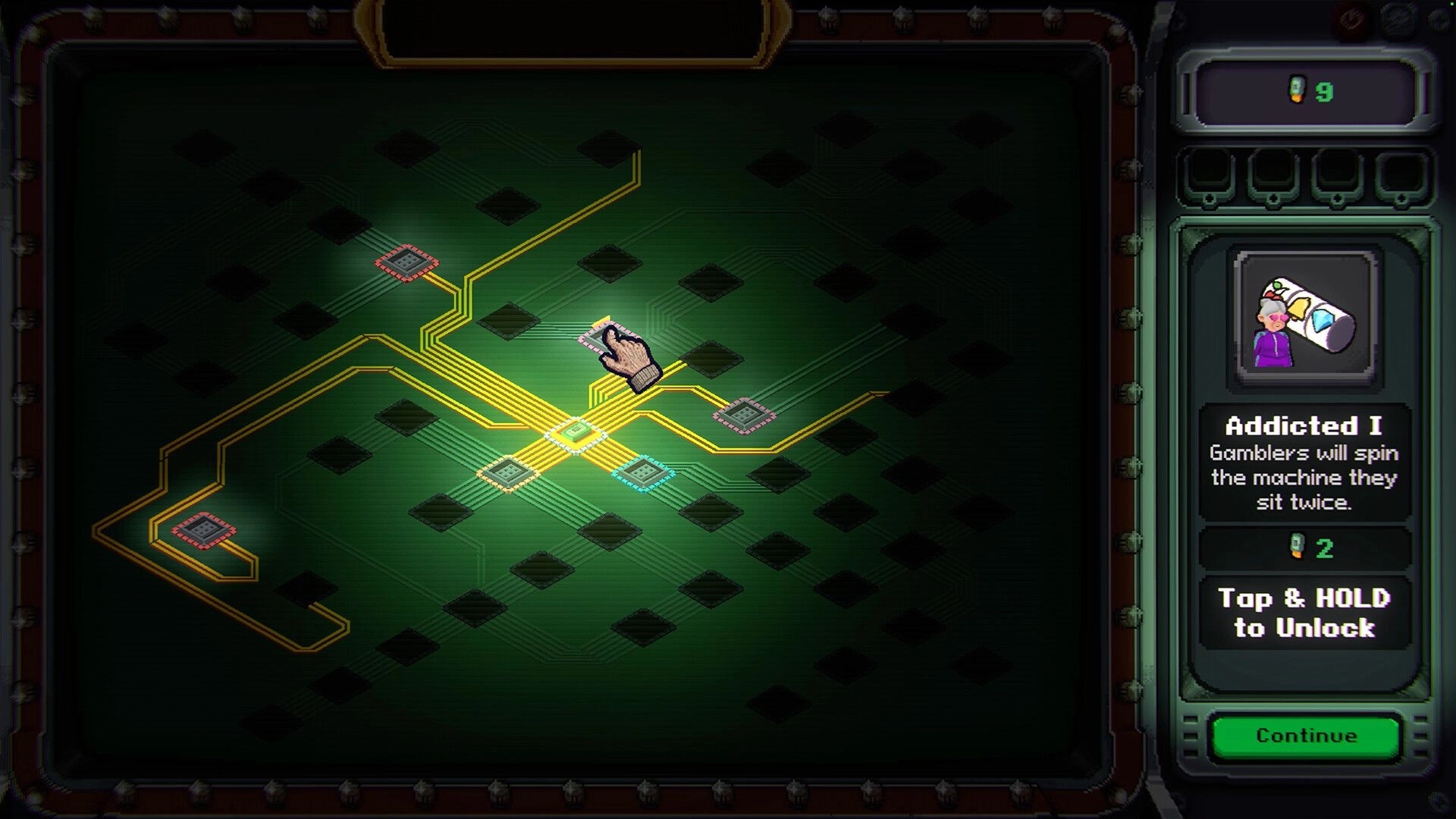 Slots & Diapers: Finger cursor selects a node on a circuit-board skill tree upgrade screen UI panel.