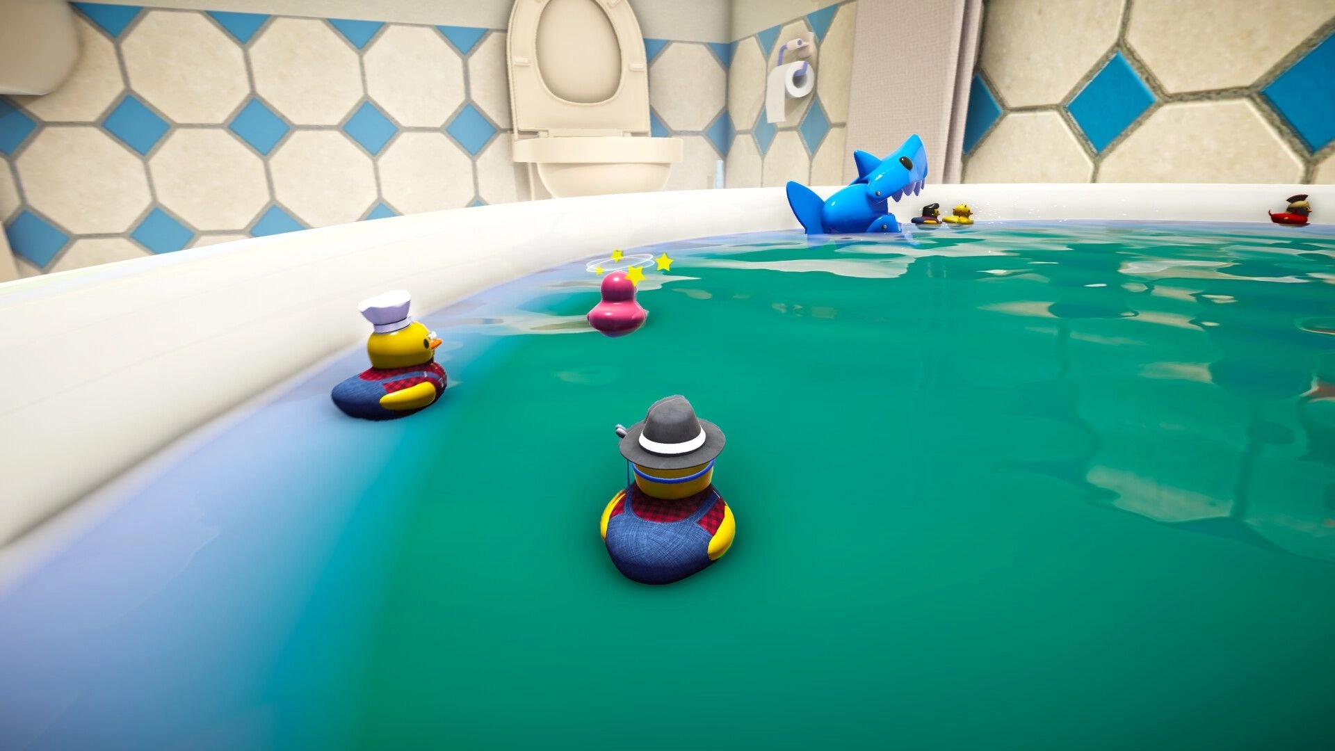 Slowly Sliding Ducks: Two ducks in costumes navigate a bathtub with a toy shark and floating buoy.
