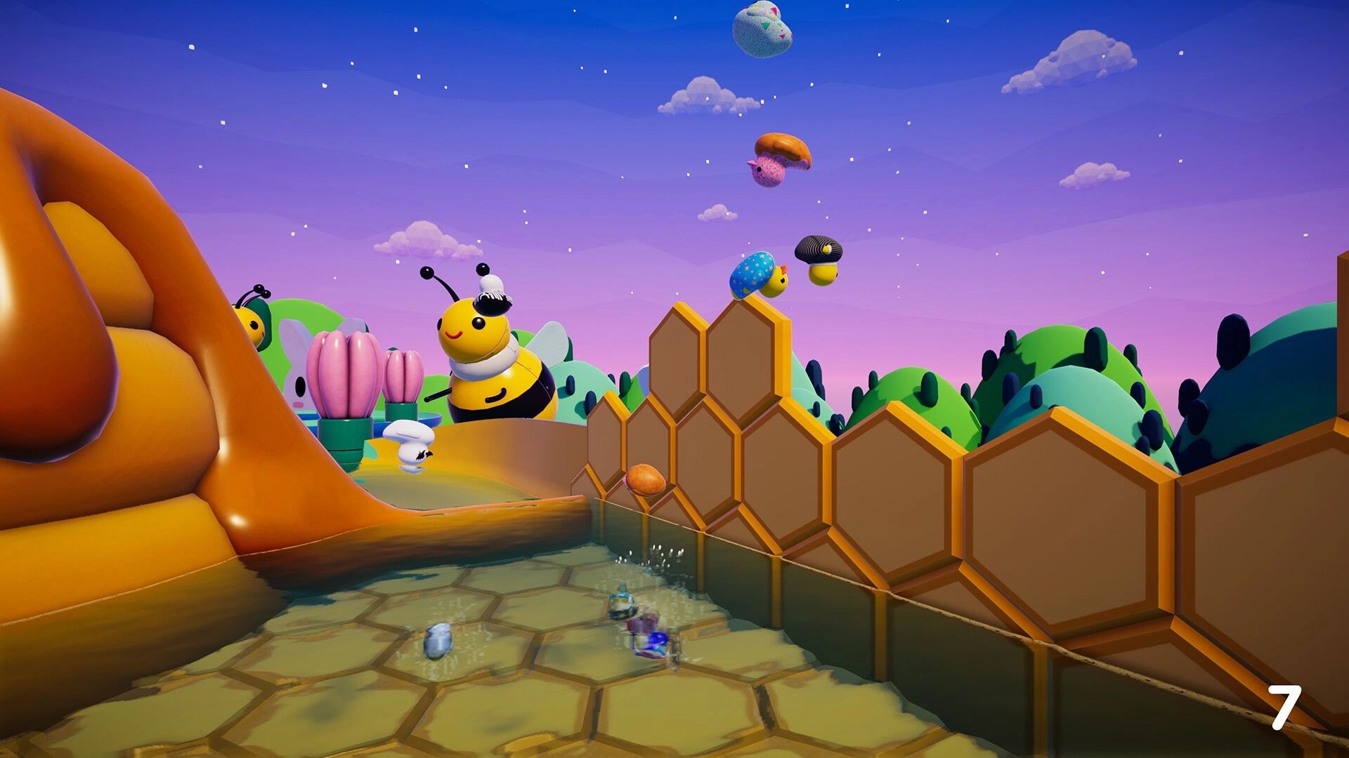 Slowly Sliding Ducks: Racing ducks slide down a honeycomb-themed waterpark with giant bees and clouds