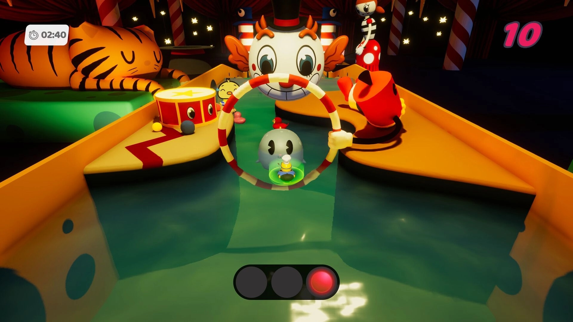 Slowly Sliding Ducks: Duck floats through a whimsical carnival slide with timer and score UI visible