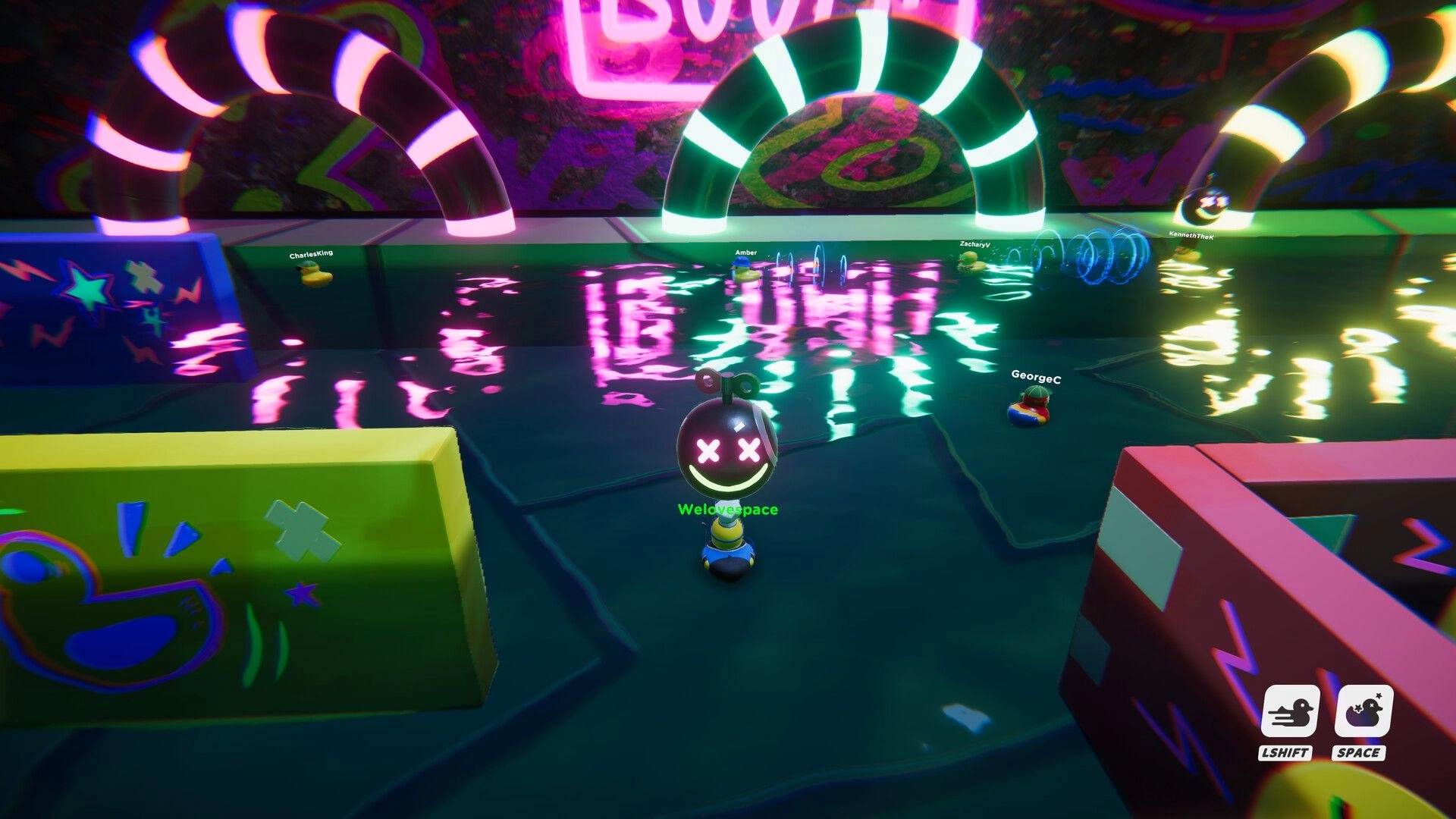 Slowly Sliding Ducks: Neon-lit waterpark race with multiple ducks; UI shows LSHIFT and SPACE controls