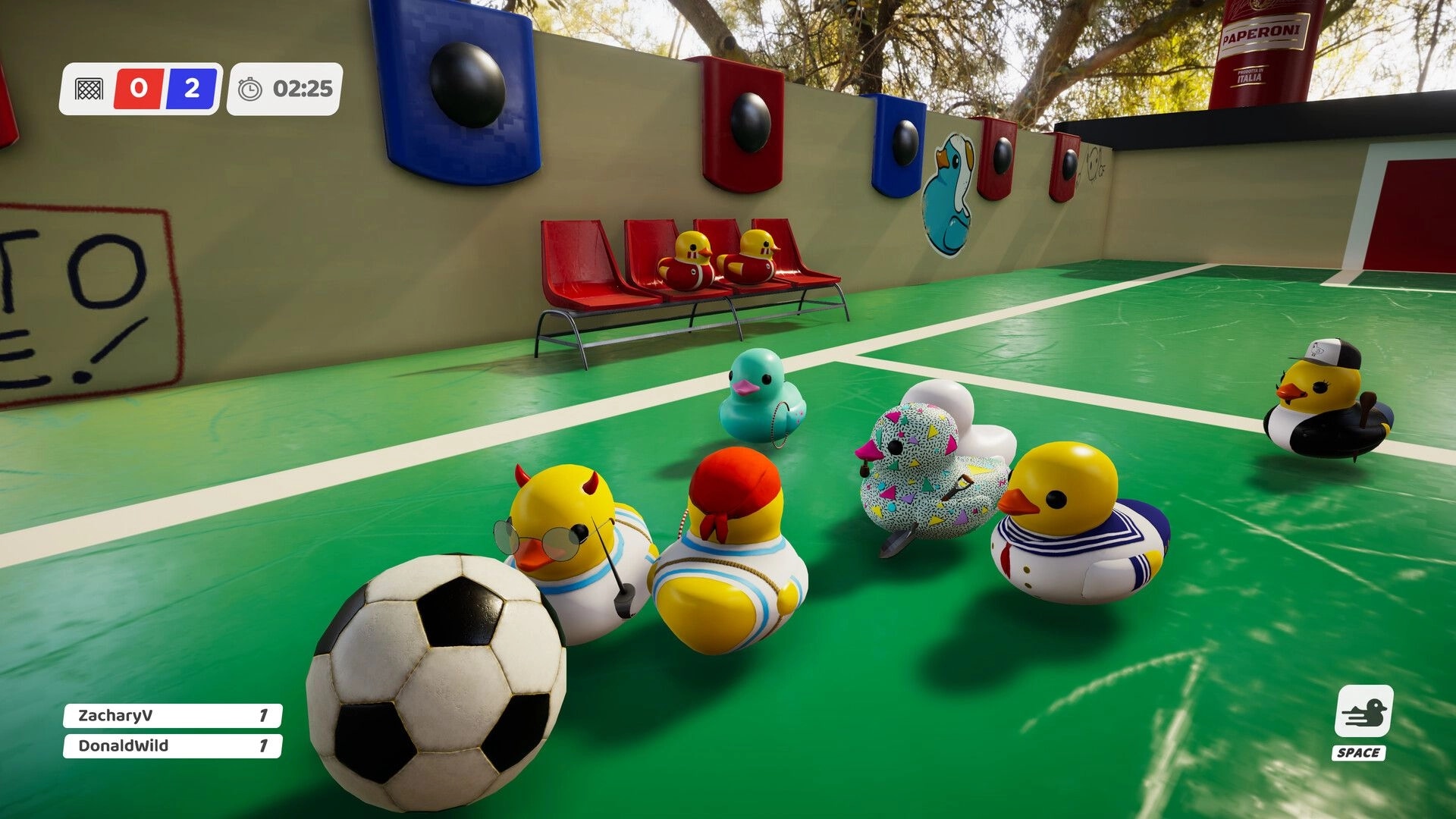 Slowly Sliding Ducks: Ducks compete in a soccer match on a green waterpark field with timer on screen.