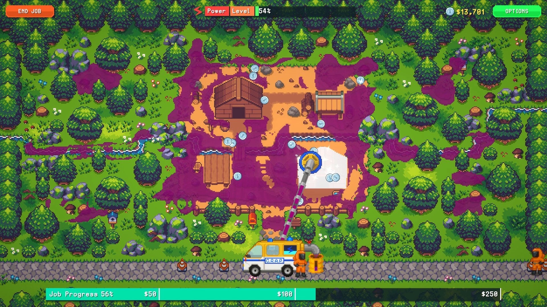 Sludgineers: Vacuum truck cleaning purple sludge around buildings in a forest map with UI bars.