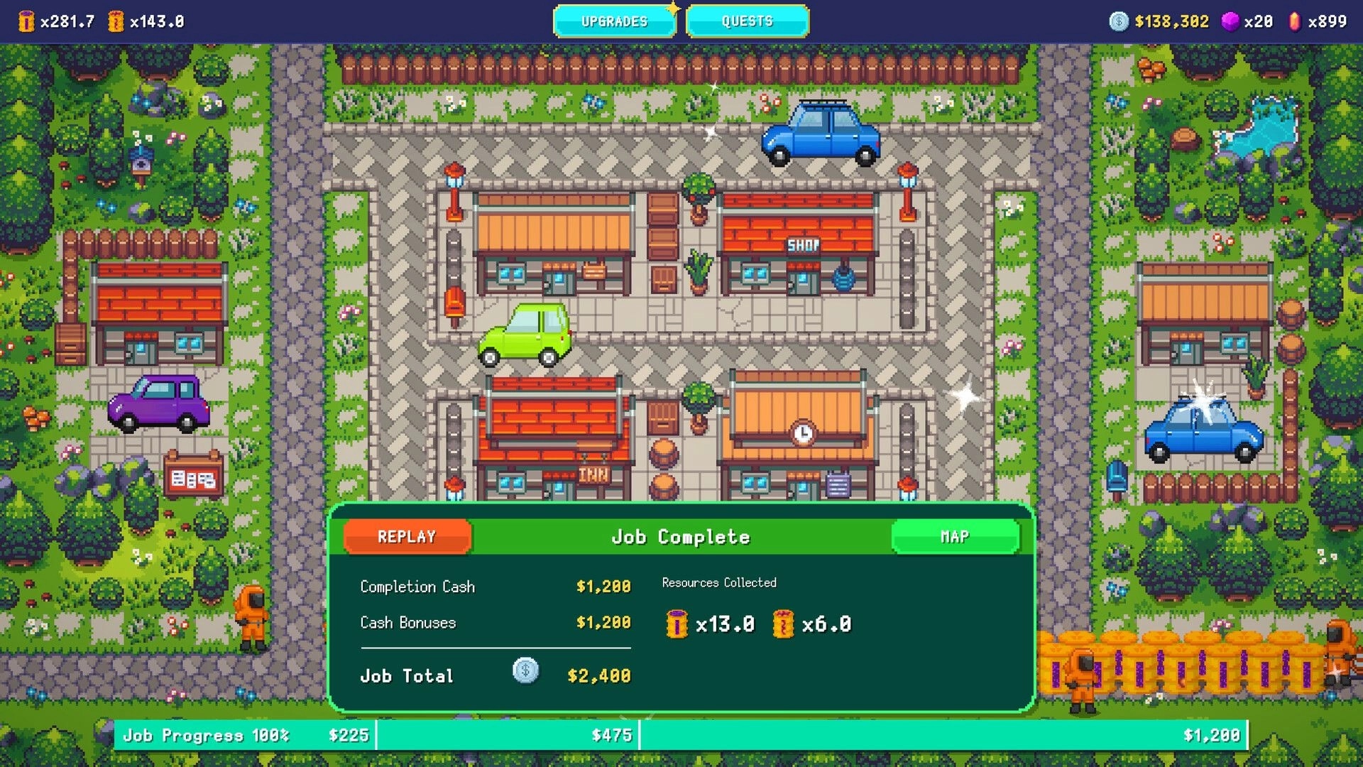 Sludgineers: Job Complete results panel over town streets with shops, cars, and upgrade UI bar.