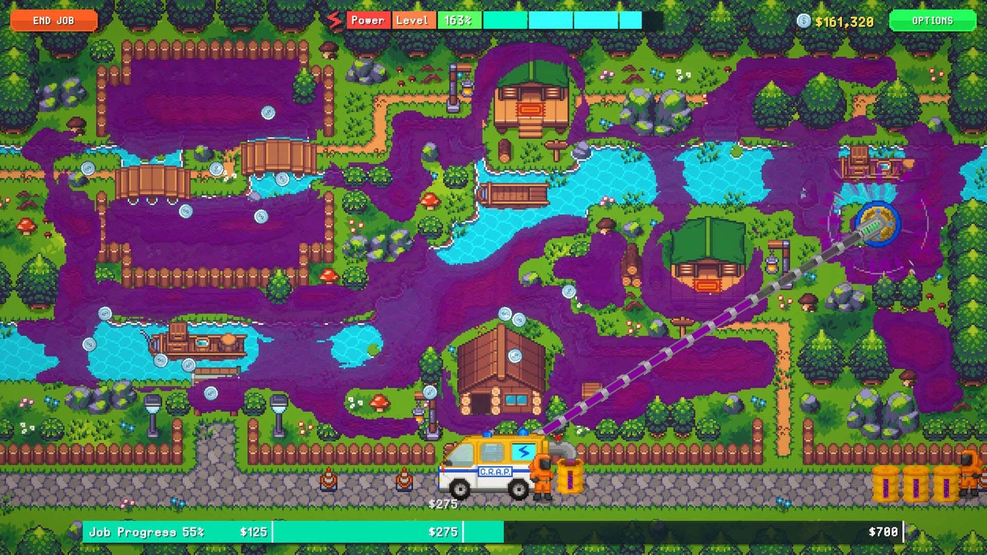 Sludgineers: Vacuum truck siphons purple sludge across bridges and ponds in a forest village map.