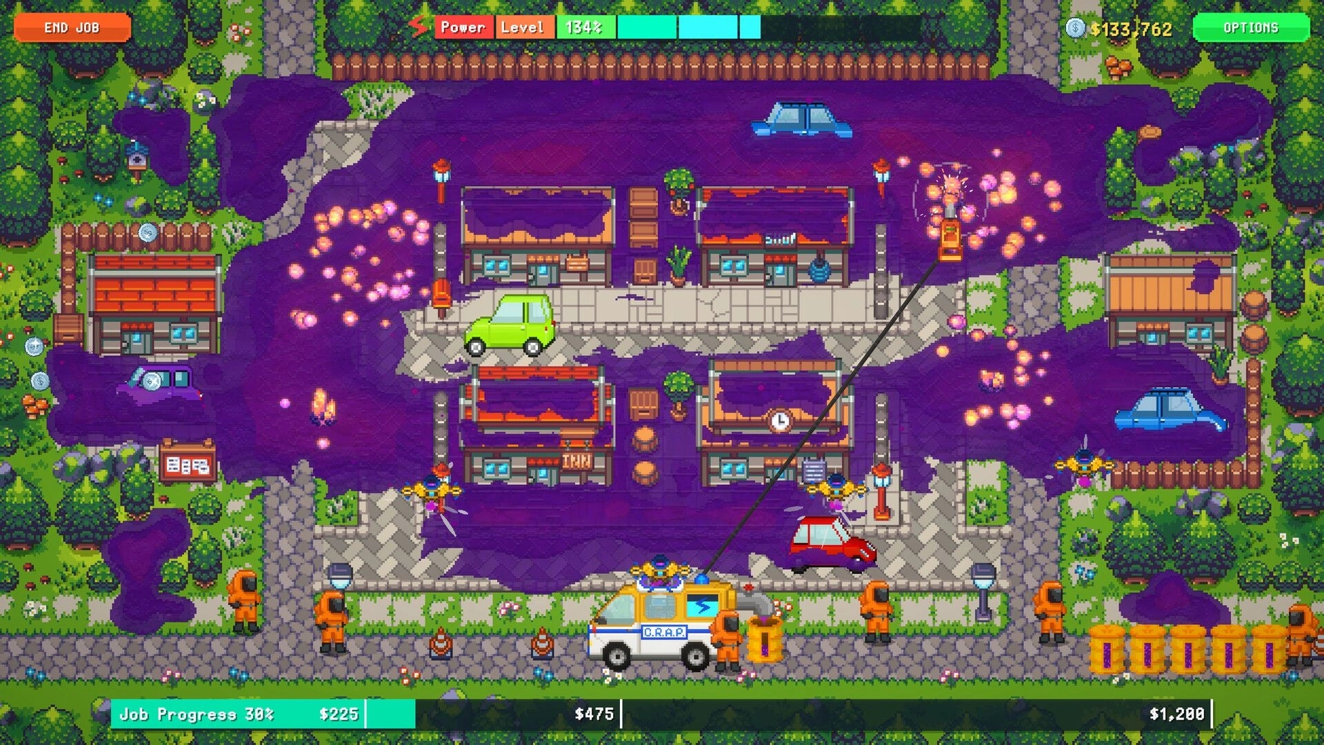 Sludgineers: Cleanup crew and van vacuum purple sludge around houses in a flooded town map.