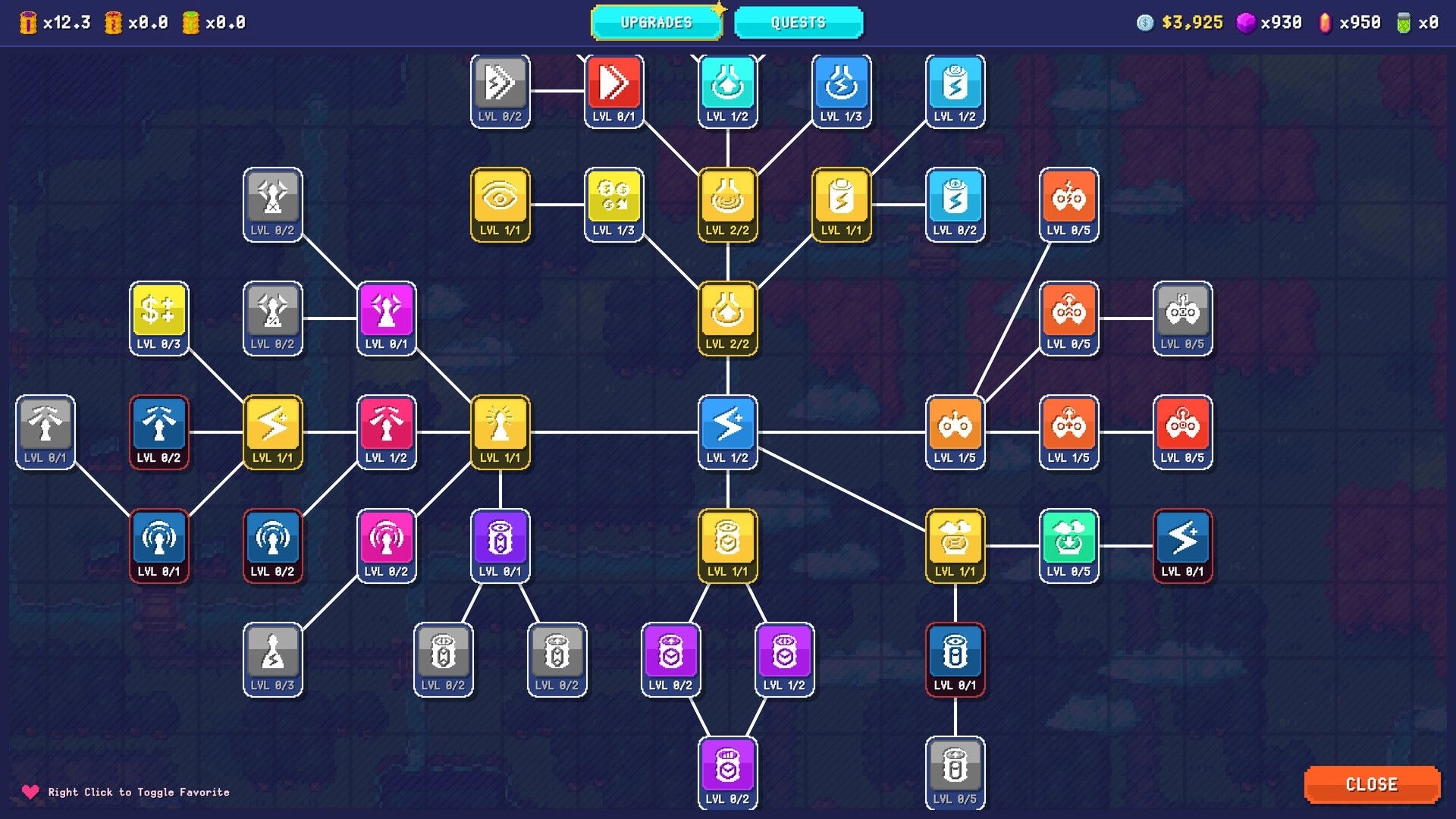 Sludgineers: Upgrades skill tree with connected icons and level nodes on a dark grid background.