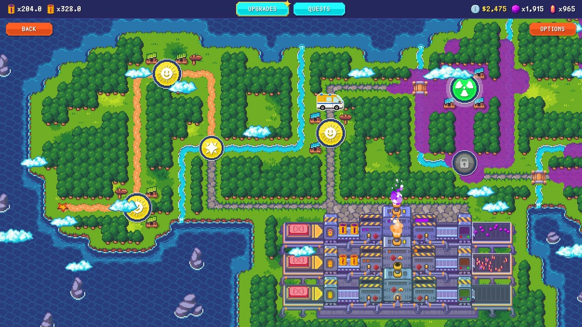 Sludgineers: World map with refinery base, quest nodes and van icon amid forests and rivers.