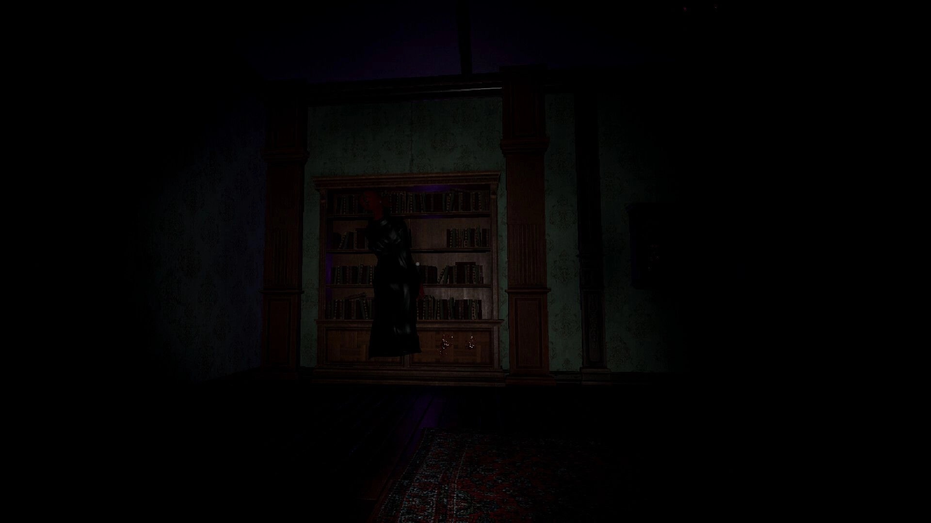 Slumber Party: Shadowy figure in a dimly lit library room with tall bookshelves and an ornate carpet