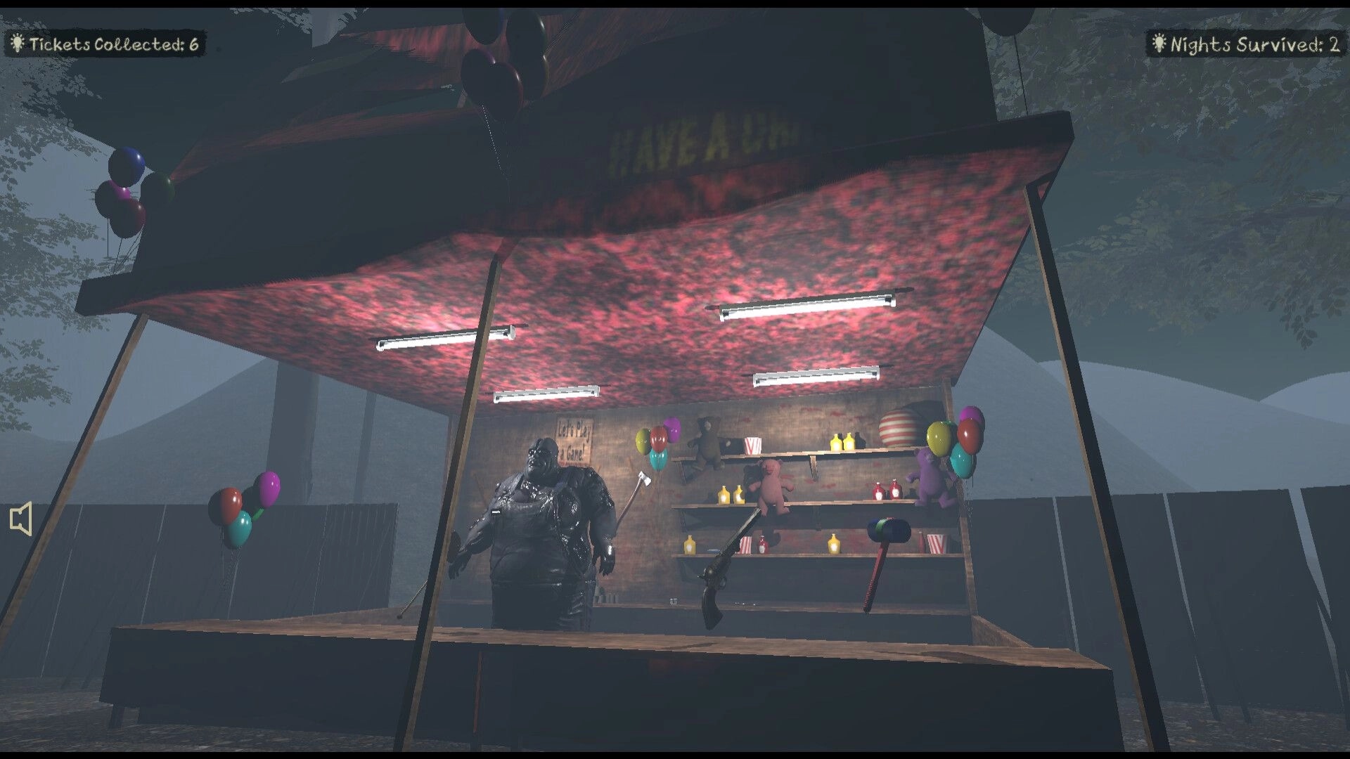 Slumber Party: Carnival booth with creepy figure holding an axe, balloons, and toys in foggy woods