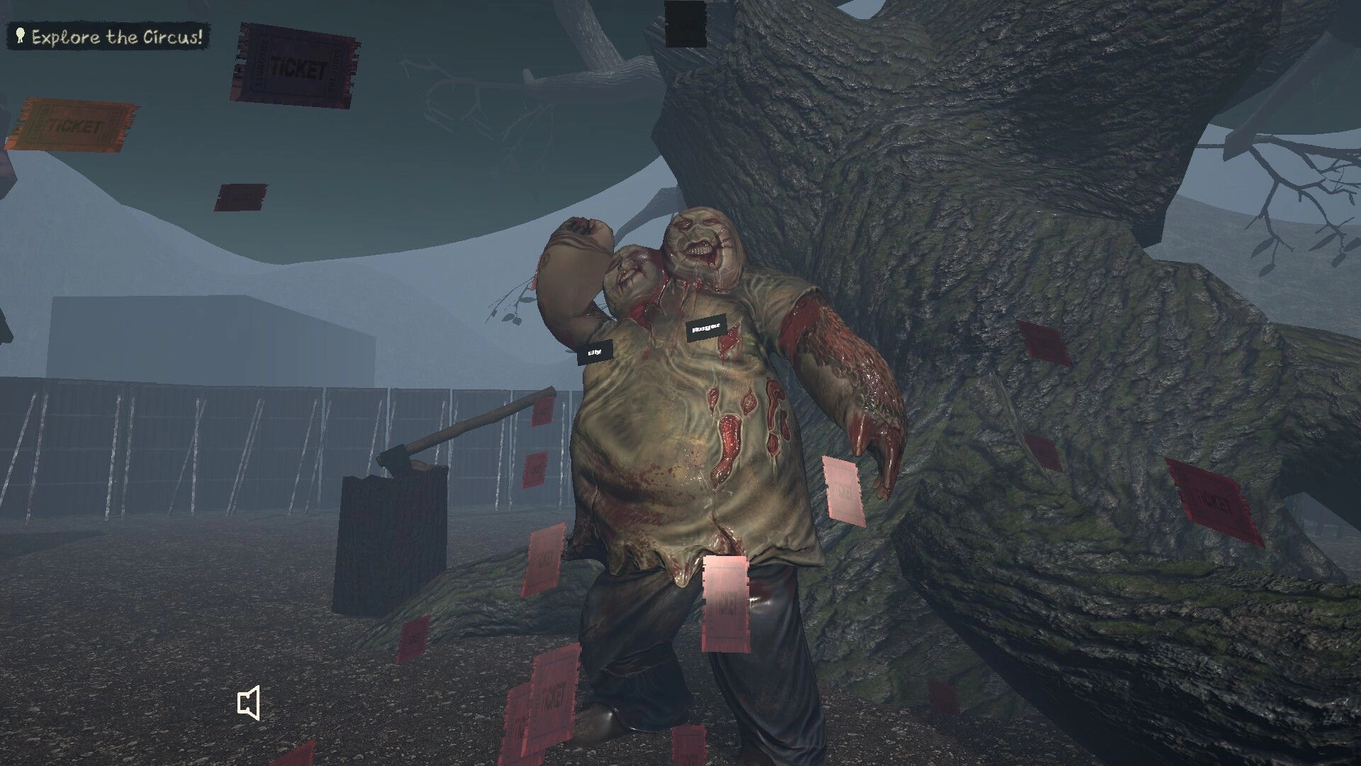 Slumber Party: Mutated creature under dark tree with floating tickets, objective to explore circus visible.