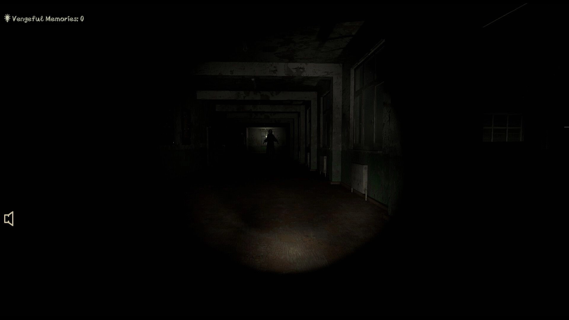 Slumber Party: Dark corridor with shadowy figure in distance, flashlight beam illuminating path ahead