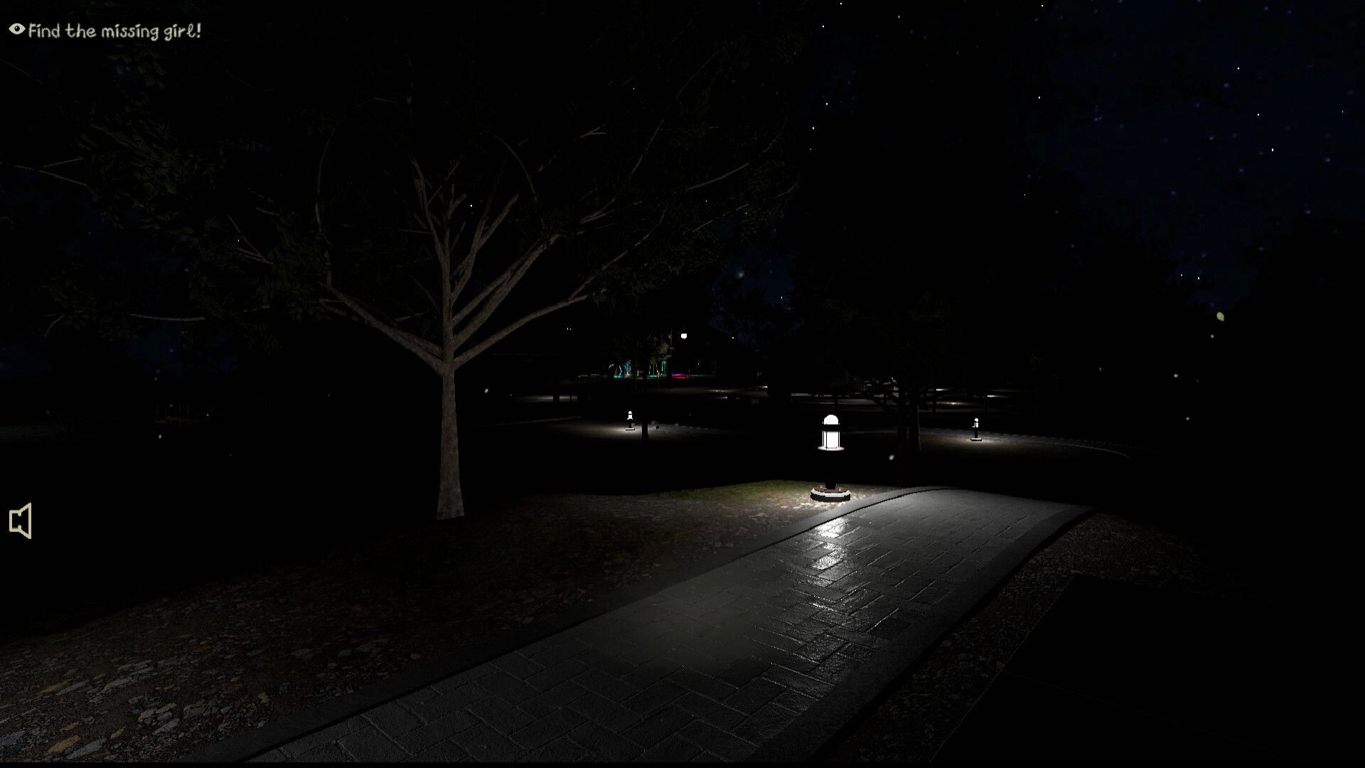 Slumber Party: Dark park path with scattered lamps, objective "Find the missing girl!" on screen
