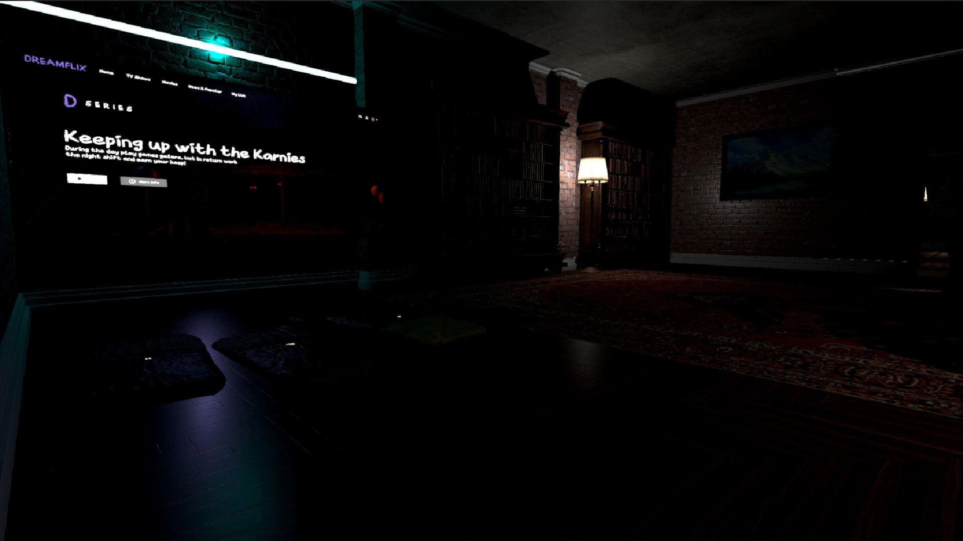 Slumber Party: Dark living room with TV playing a show, dimly lit by a lamp and eerie shadows around.