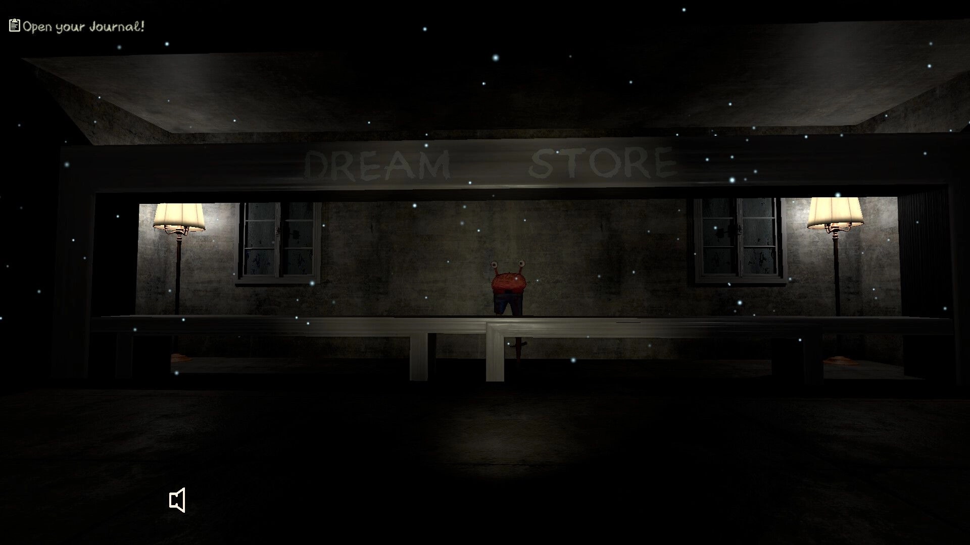 Slumber Party: Dream Store interior with floating particles, two lamps, and a red creature on the counter