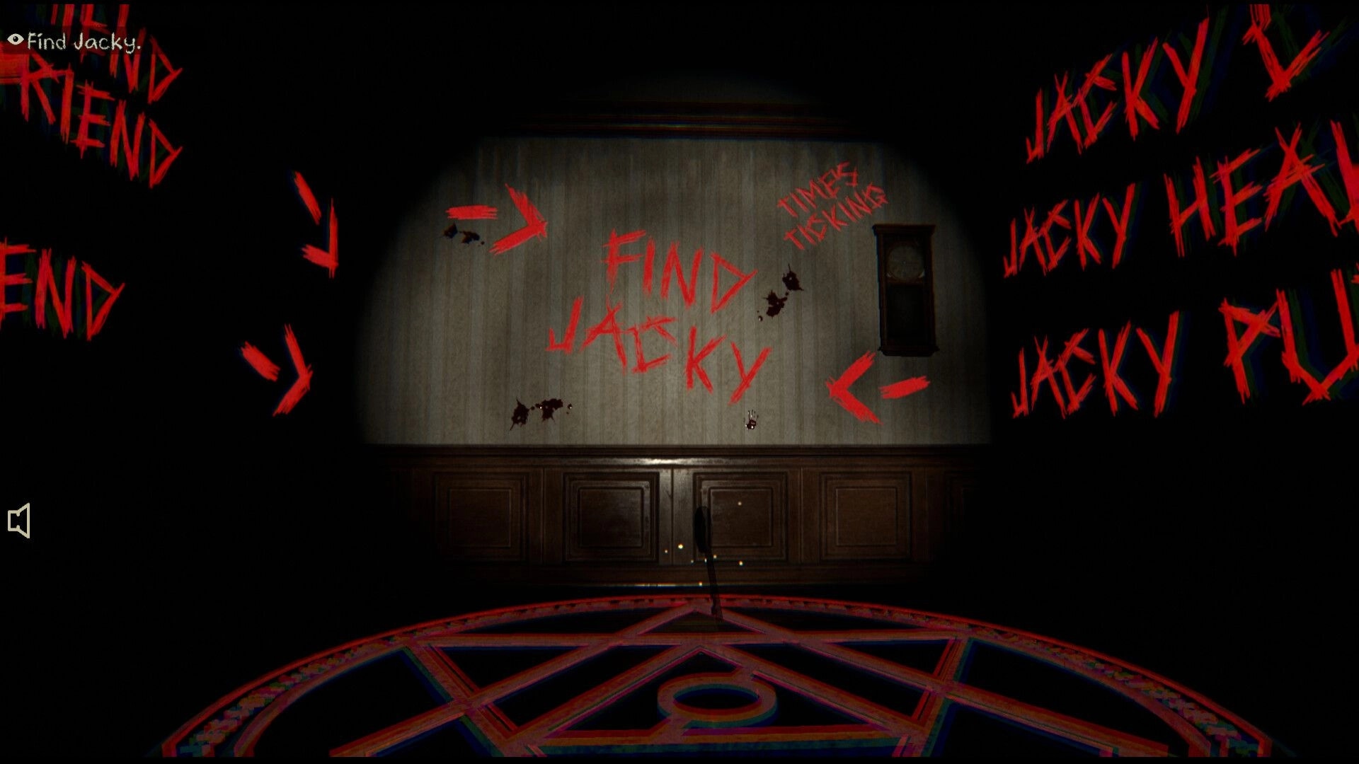 Slumber Party: Creepy wall with "Find Jacky" scrawled in red, surrounded by occult symbols in dark room.