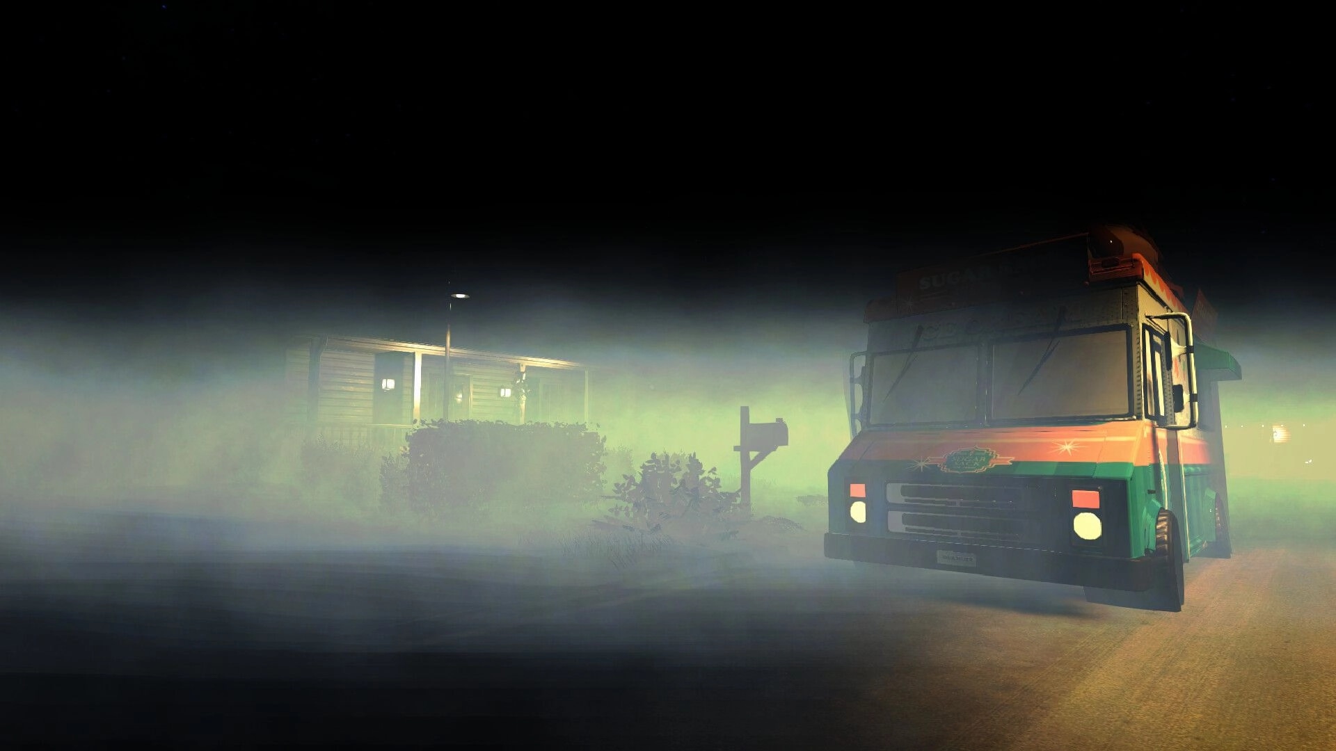 Slumber Party: Foggy night scene with a parked ice cream truck and a dimly lit house in the background