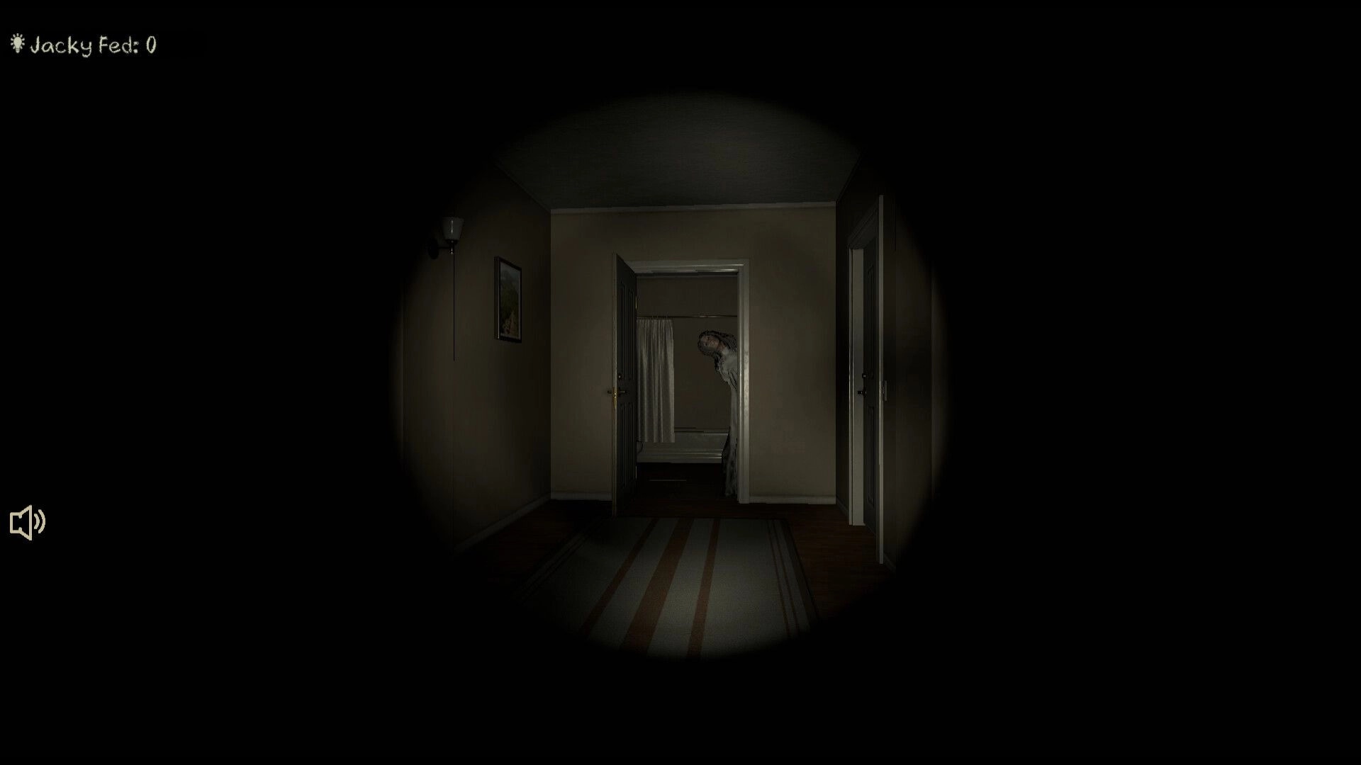 Slumber Party: Ghostly figure peeks from bathroom doorway in dimly lit hallway, "Jacky Fed: 0" UI shown.