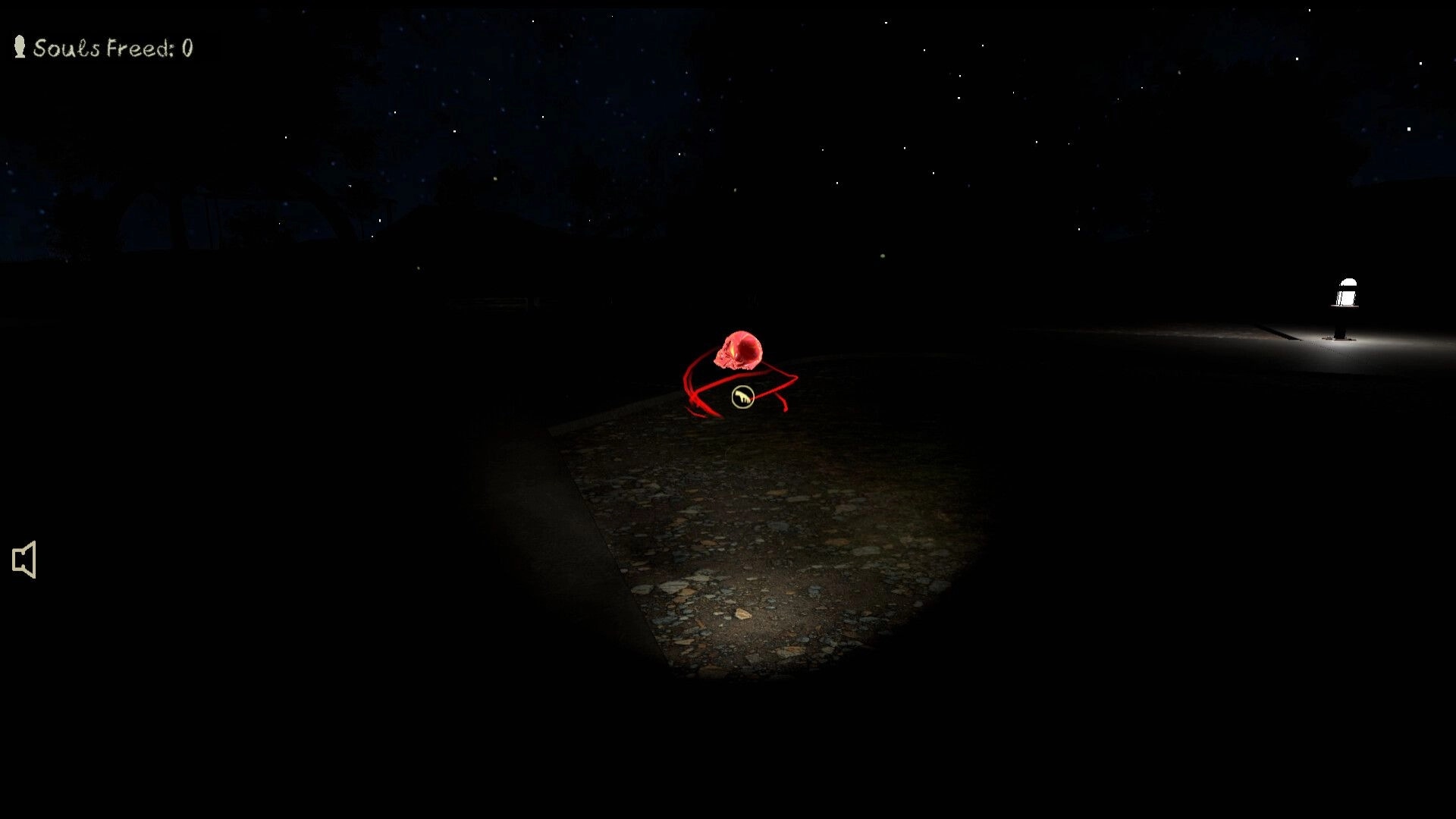 Slumber Party: Glowing red skull icon in dark forest clearing, player HUD shows "Souls Freed: 0"