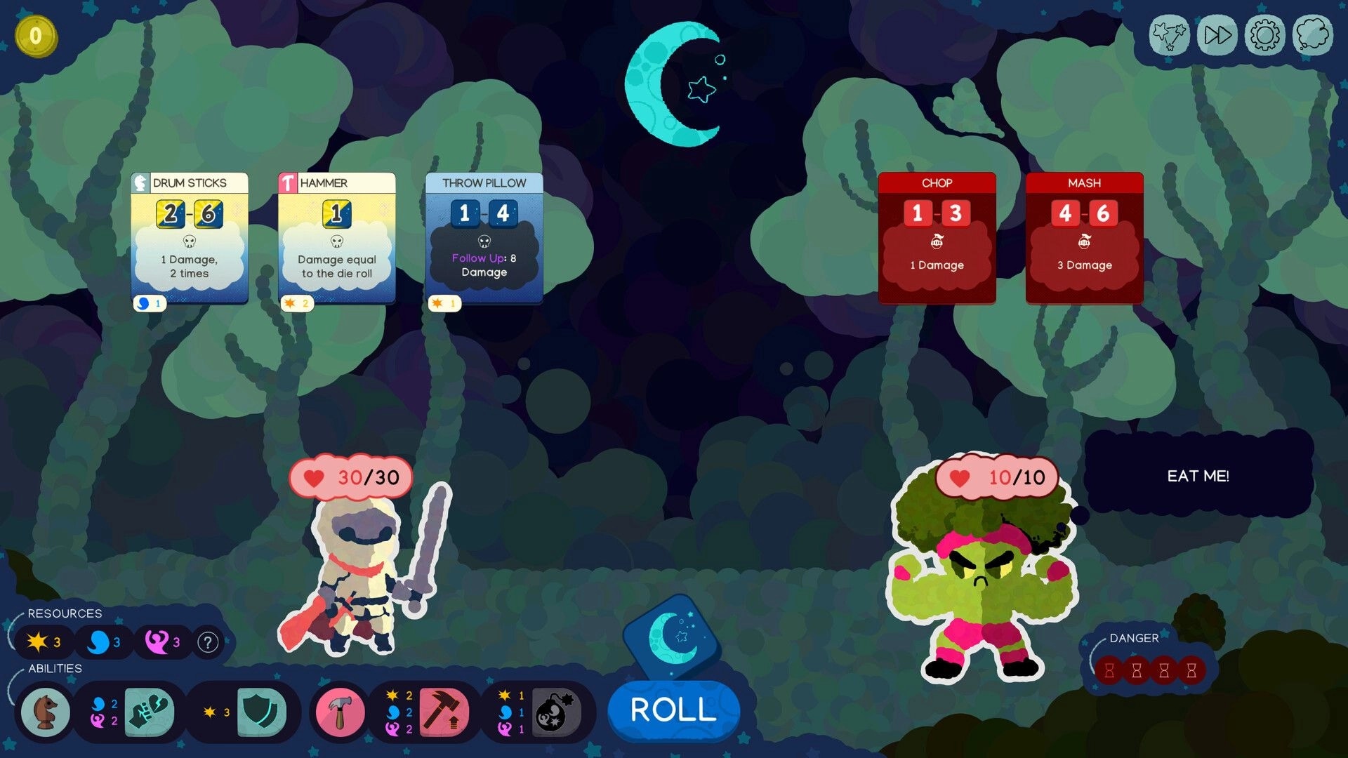 Slumber Realm: Turn-based combat with hero facing broccoli enemy under a whimsical night sky.