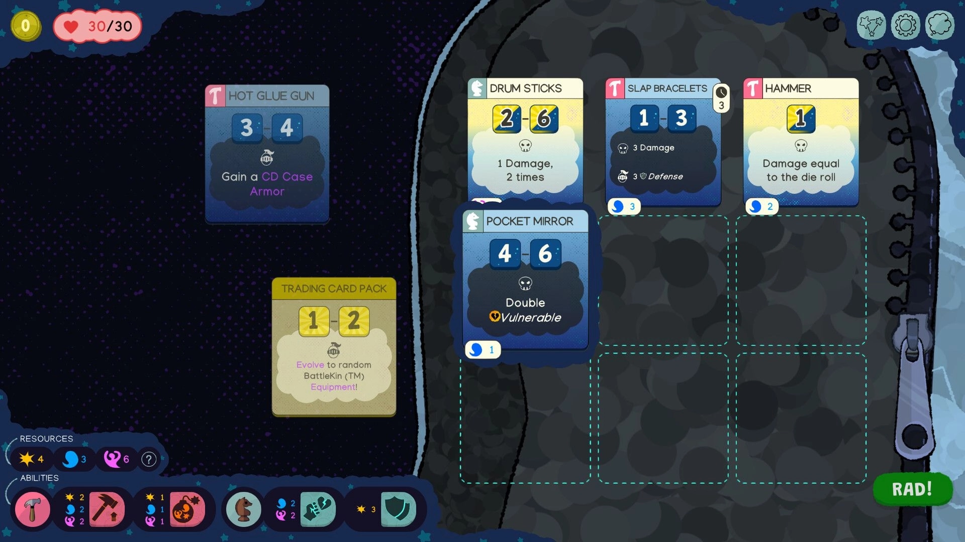 Slumber Realm: Inventory screen displaying various cards like Hot Glue Gun, Drum Sticks, and Pocket Mirror