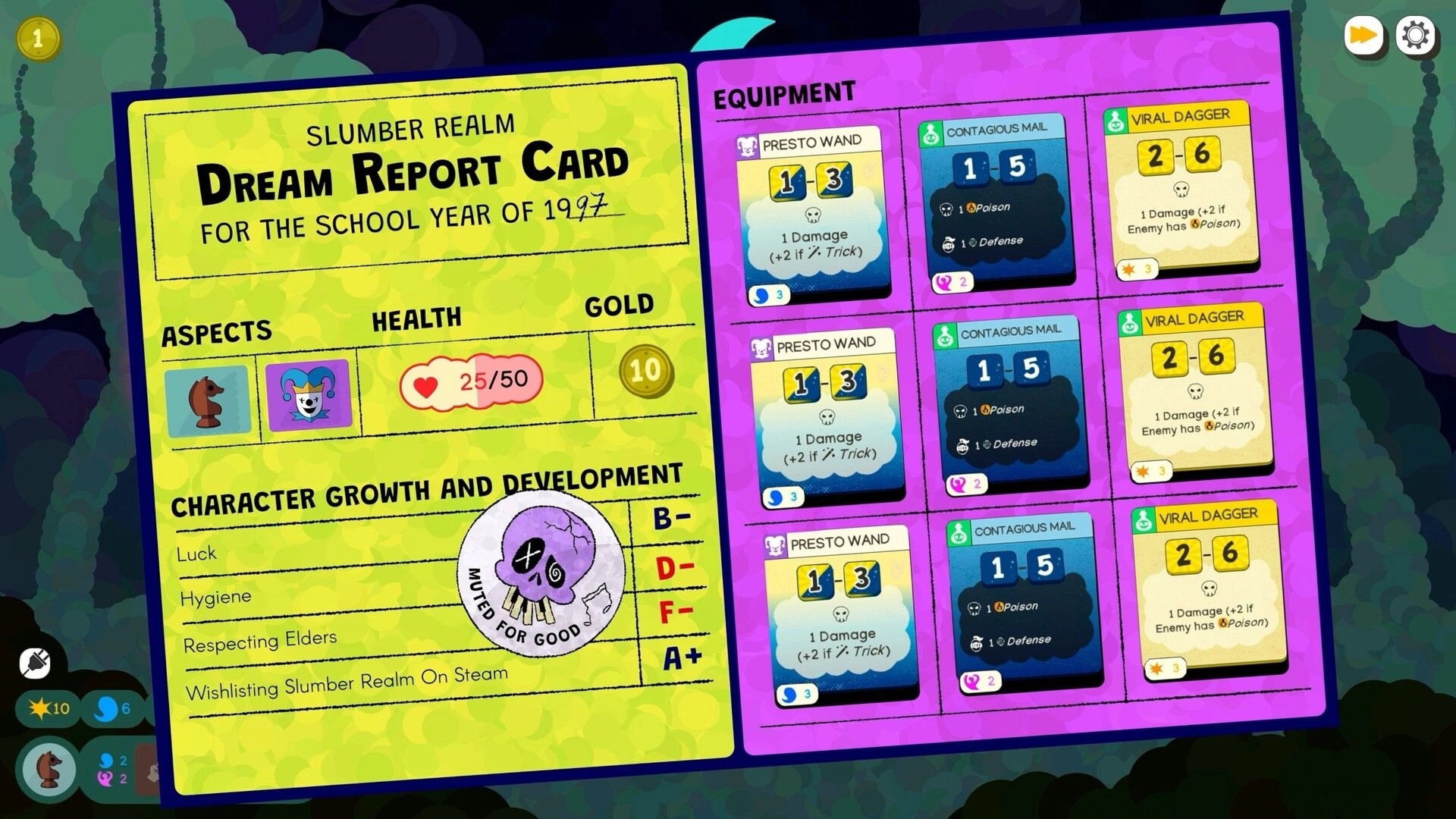 Slumber Realm: Dream Report Card showing health, gold, aspects, and equipment cards in inventory menu.