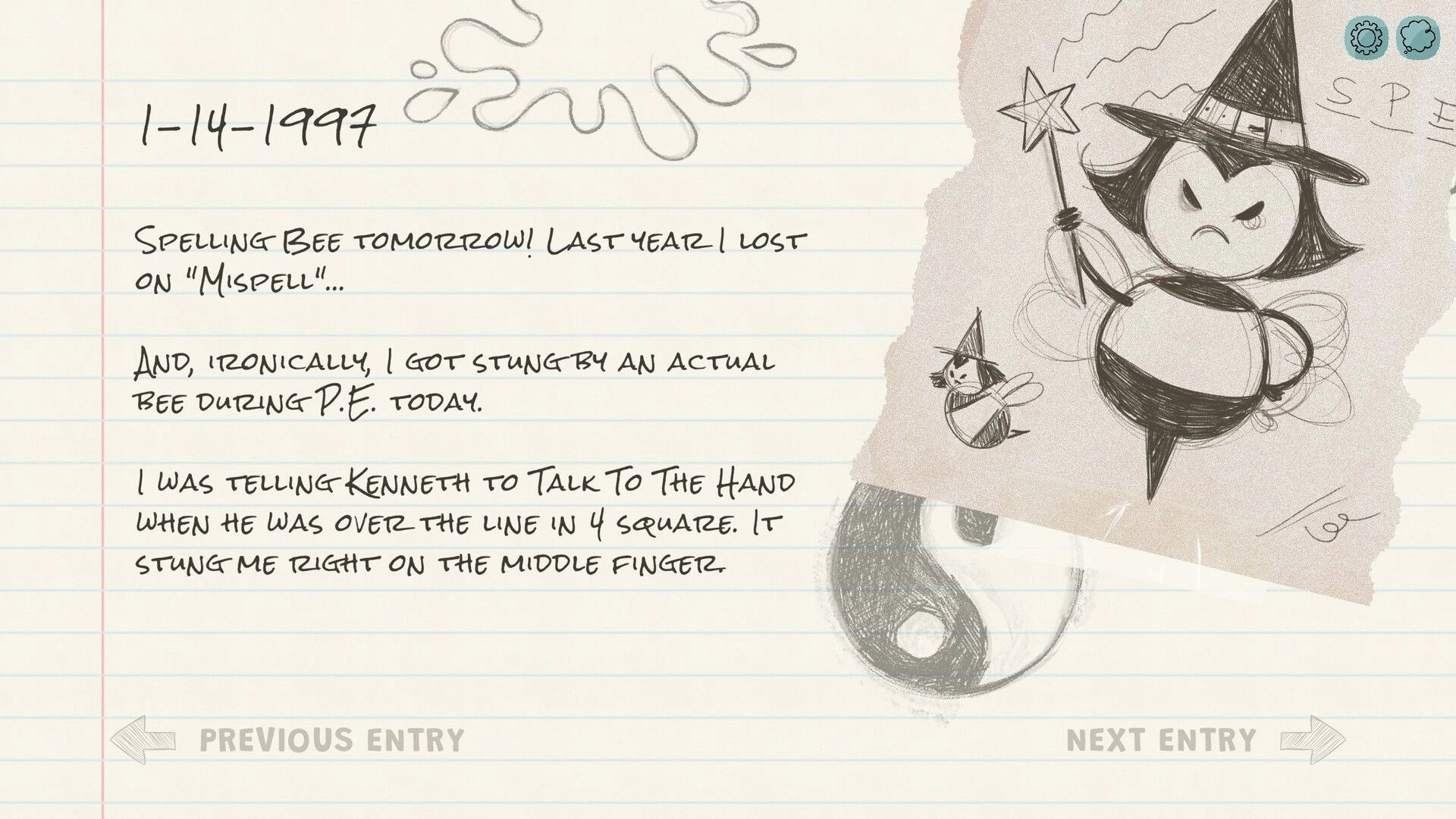 Slumber Realm: Handwritten diary entry with doodles and navigation buttons in a 90s notebook style