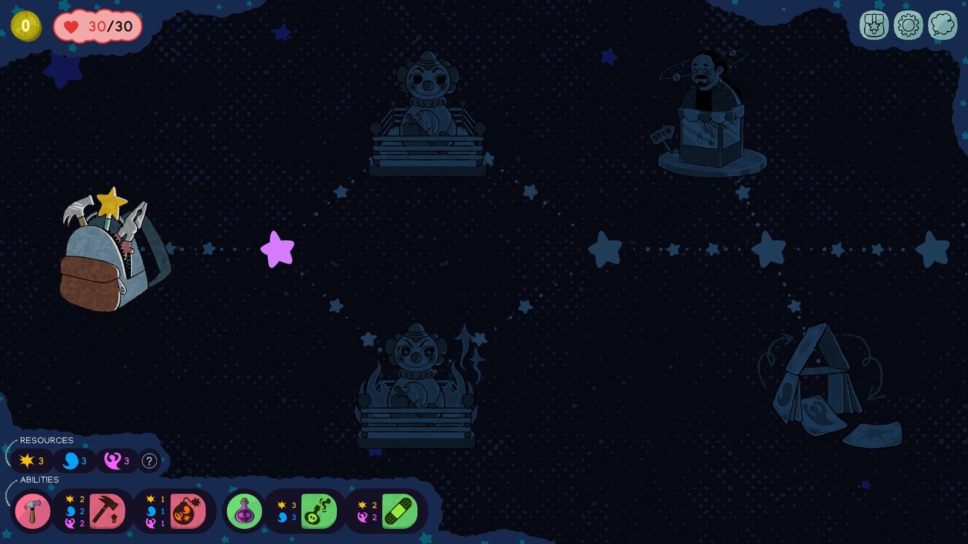 Slumber Realm: Starry path navigation with backpack and resource icons in a cosmic dreamscape setting