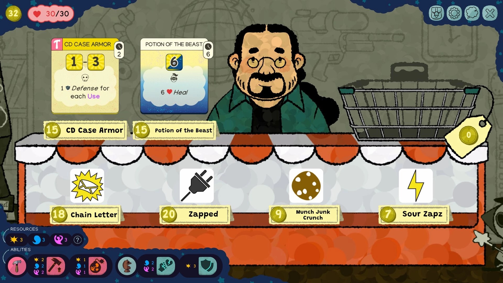 Slumber Realm: Shopkeeper interface with CD Case Armor and Potion of the Beast on display in shop.